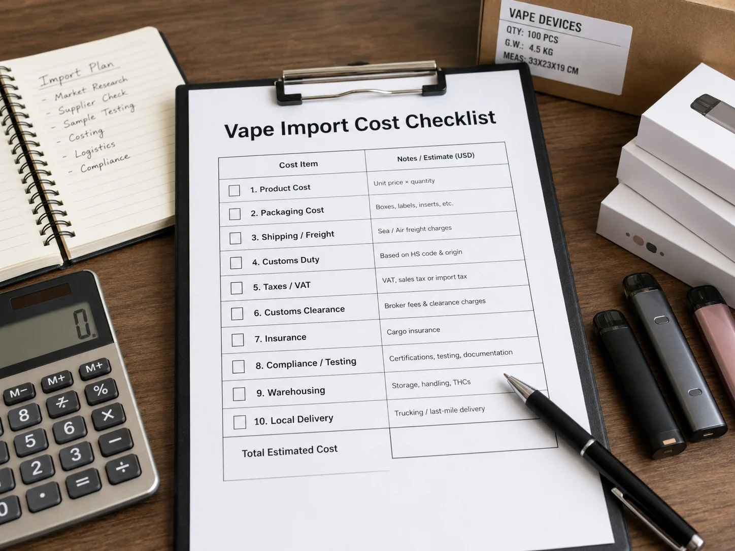 A checklist with cost items for importing vapes