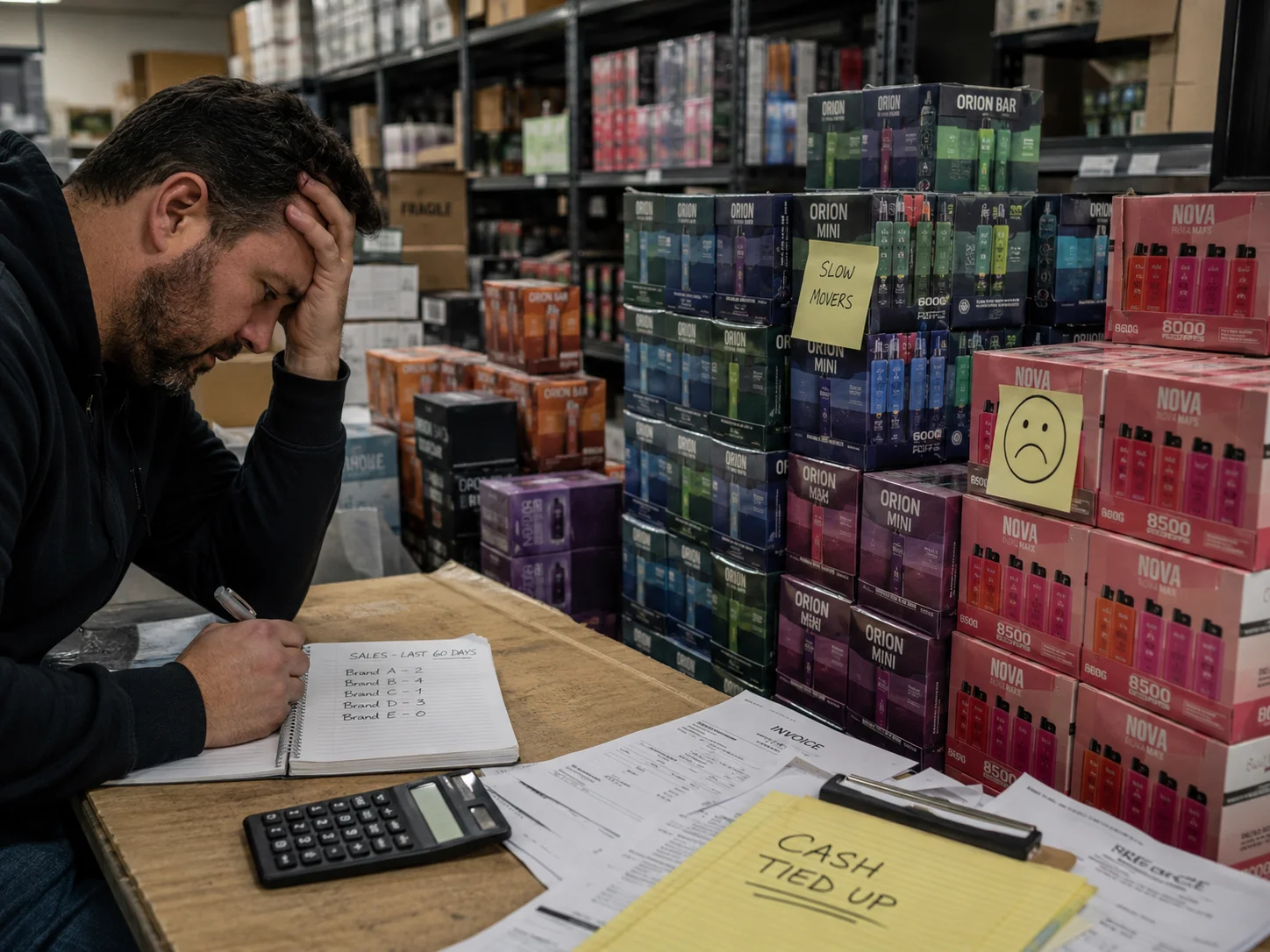 A stack of vape boxes with a sad face drawn on them