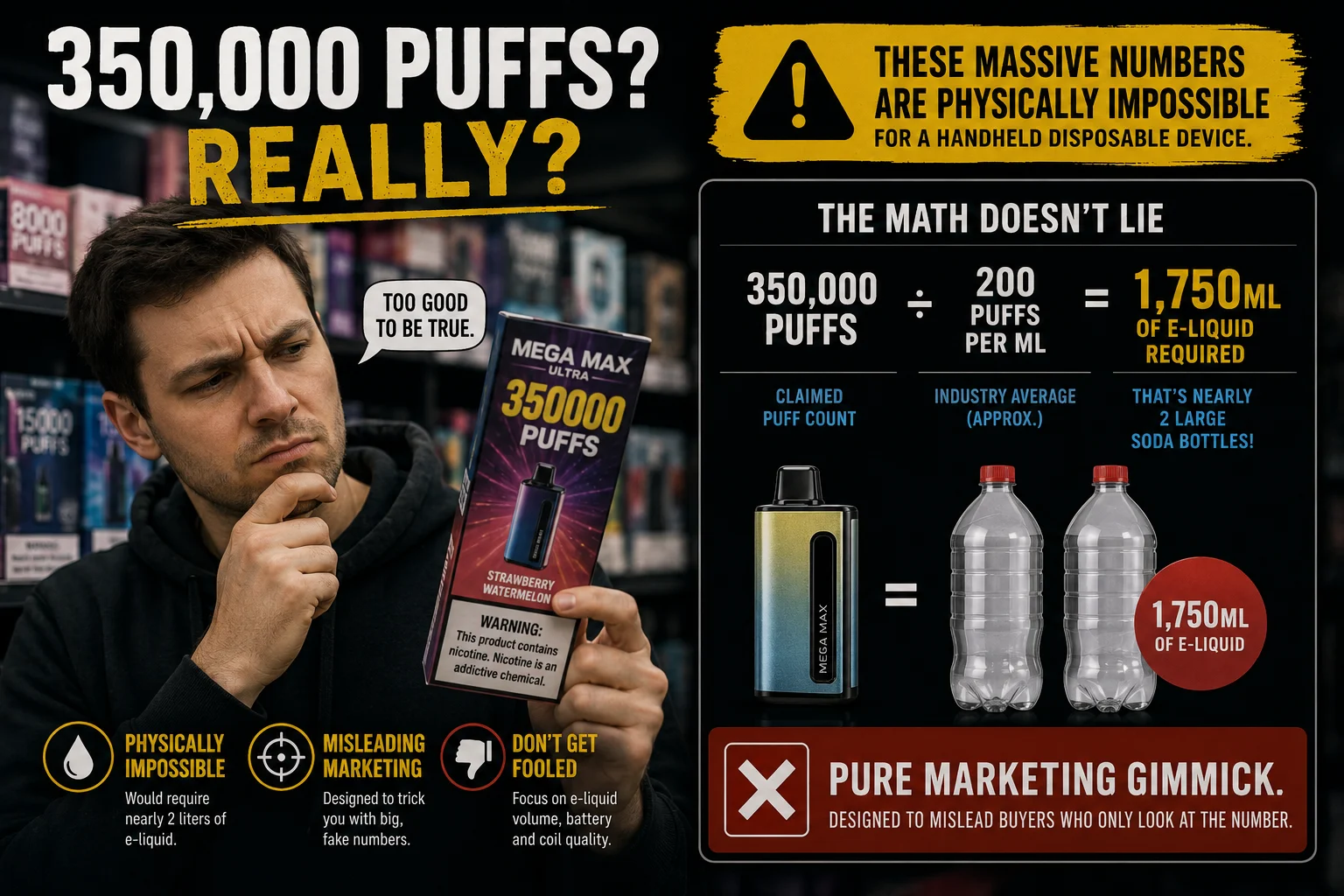 Image criticizing exaggerated vape puff claims with mathematical context showing physical impossibility and misleading marketing practices.