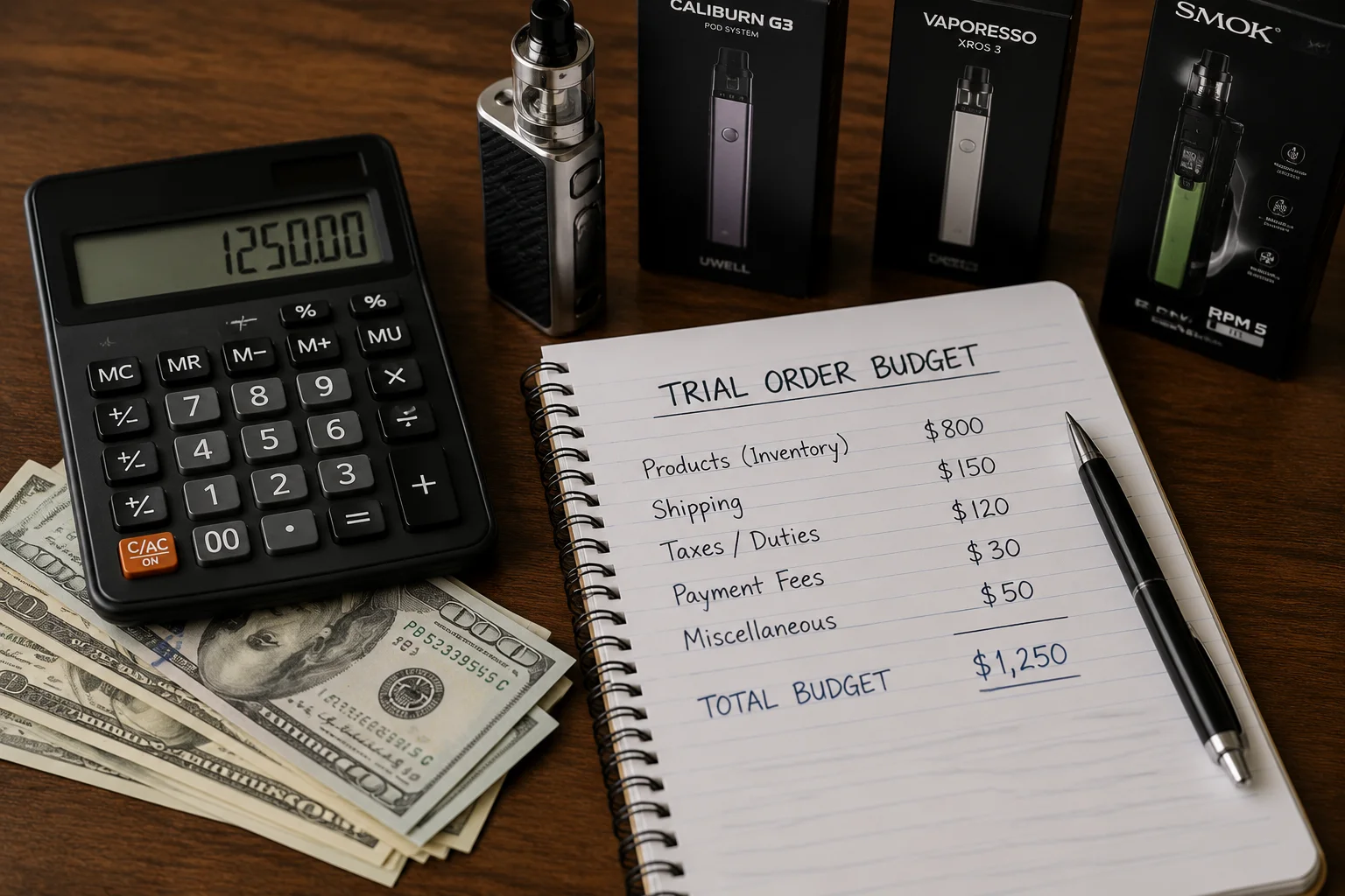 Budgeting for a Vape Trial Order a calculator, some cash, and a notepad showing a budget breakdown