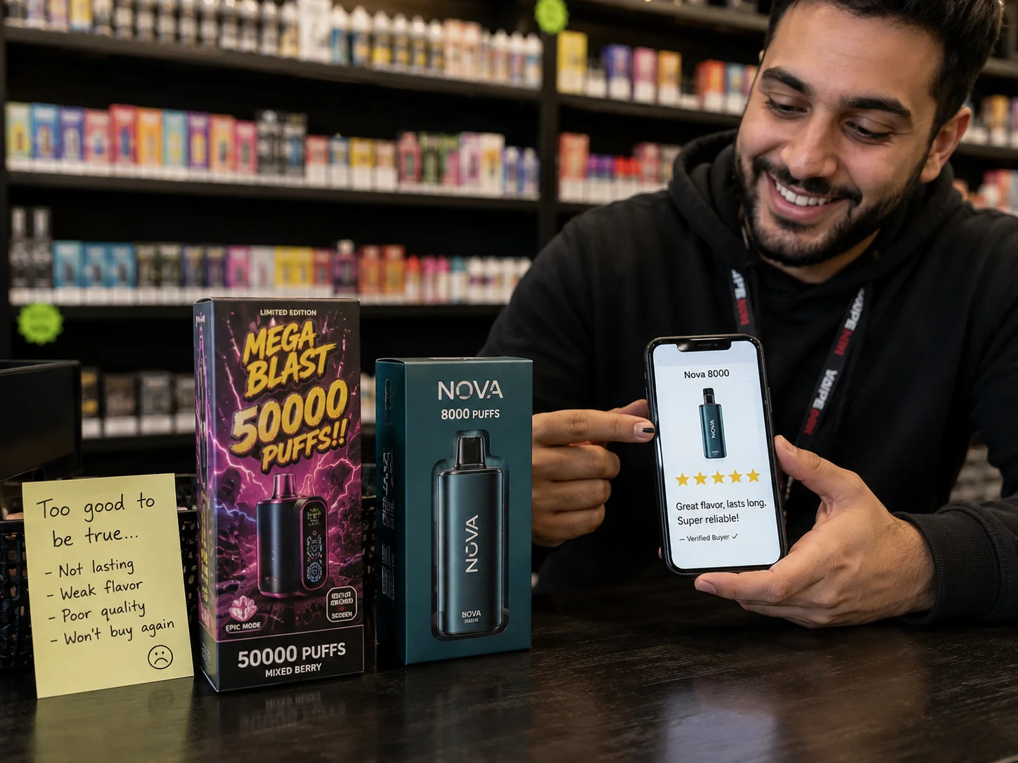 A happy customer leaving a positive review for a reliable product