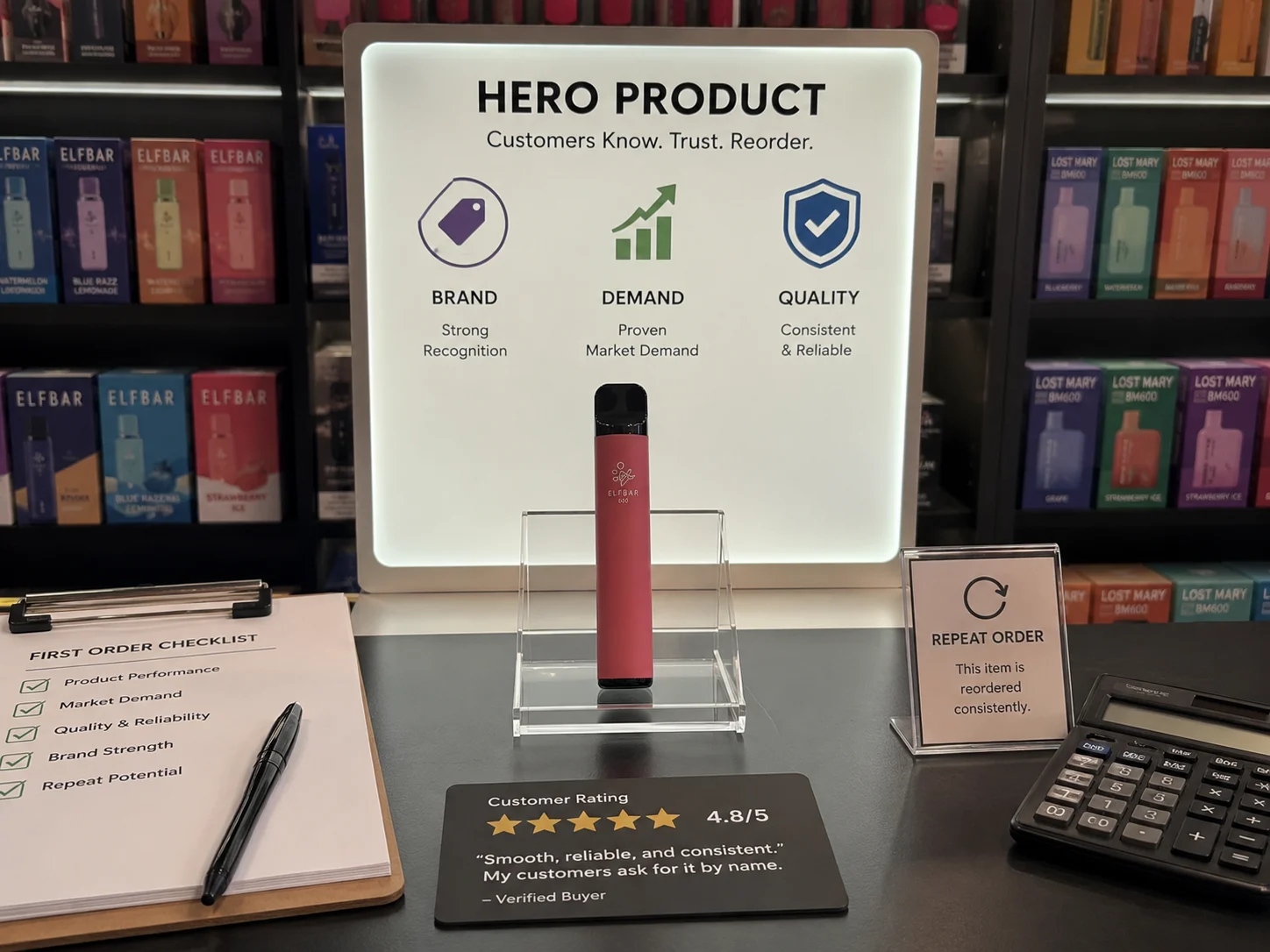 Counter display featuring a vape product, customer review card with 4.8/5 rating, checklist for first orders, and reorder indicators.