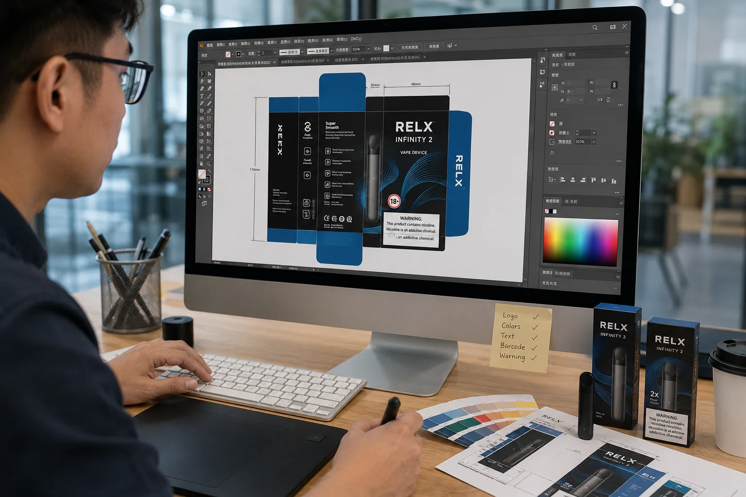 A designer working on custom vape packaging on a computer