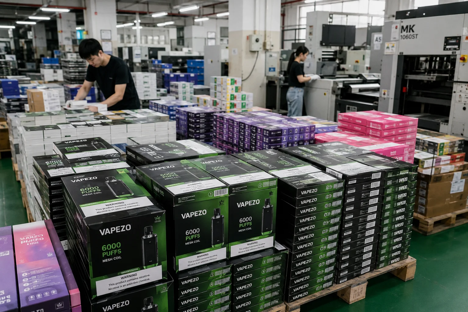Stacks of freshly printed custom vape boxes at a factory