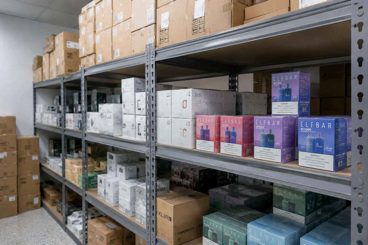 Shelves neatly stocked with boxed vape products including ELF BAR and other brands in a warehouse setting.