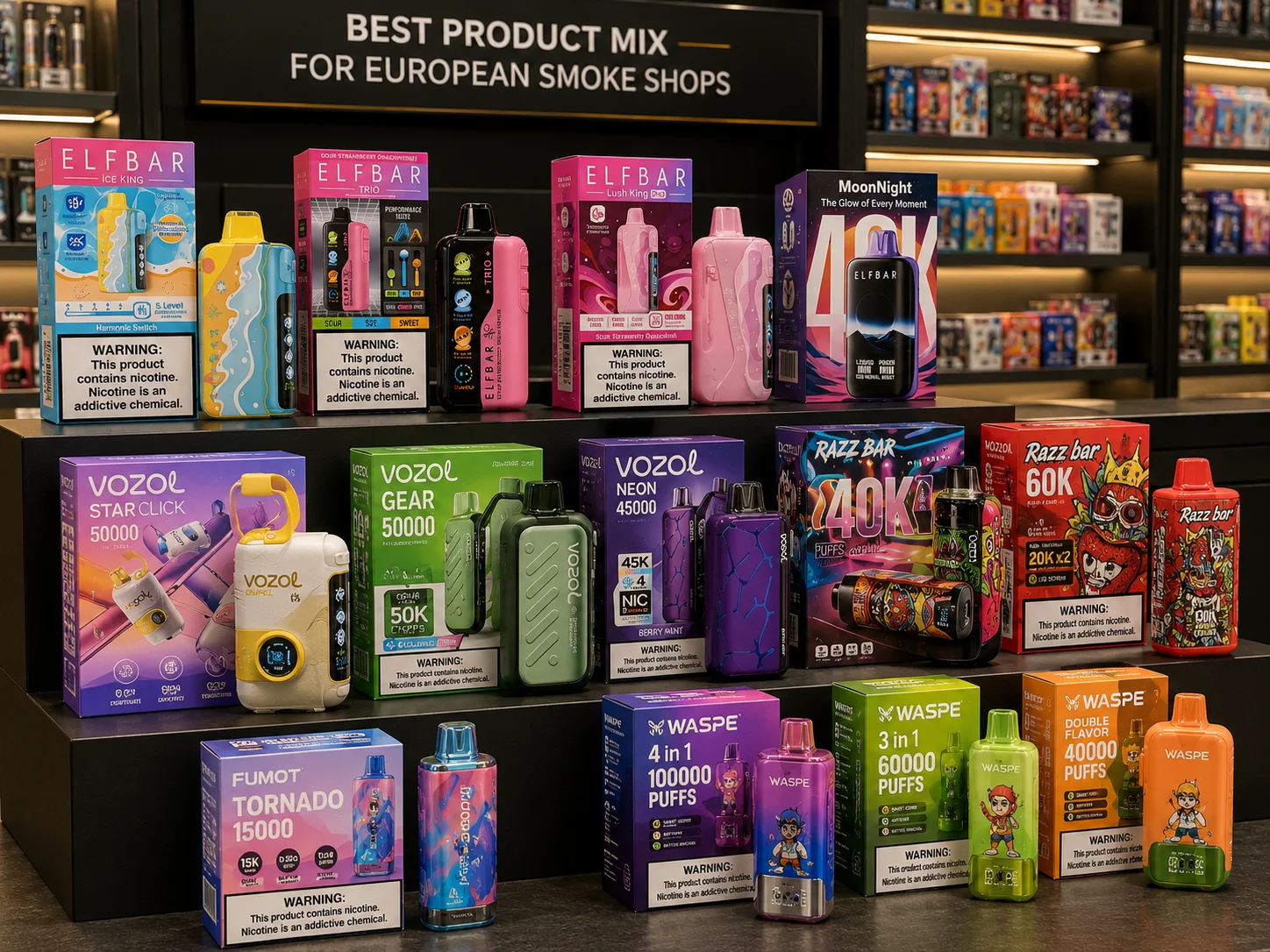 Display of various vape products, featuring brands like Elfbar, Vozol, Razz Bar, Fumot, and Waspe, in a European smoke shop setting.