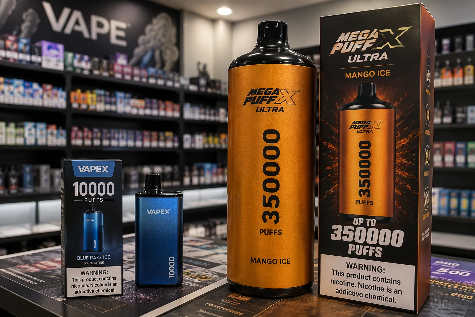 An image comparing a realistically sized vape to a ridiculously oversized, imaginary one labeled '350K puffs'