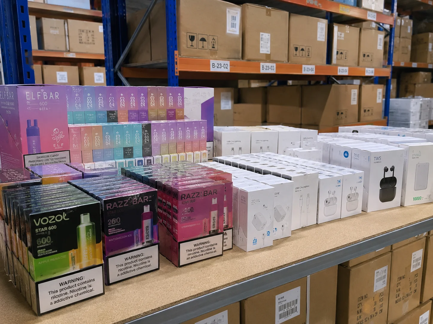 Popular Products for EU Warehouse Stock A shelf displaying popular and well-known 3C products and vapes