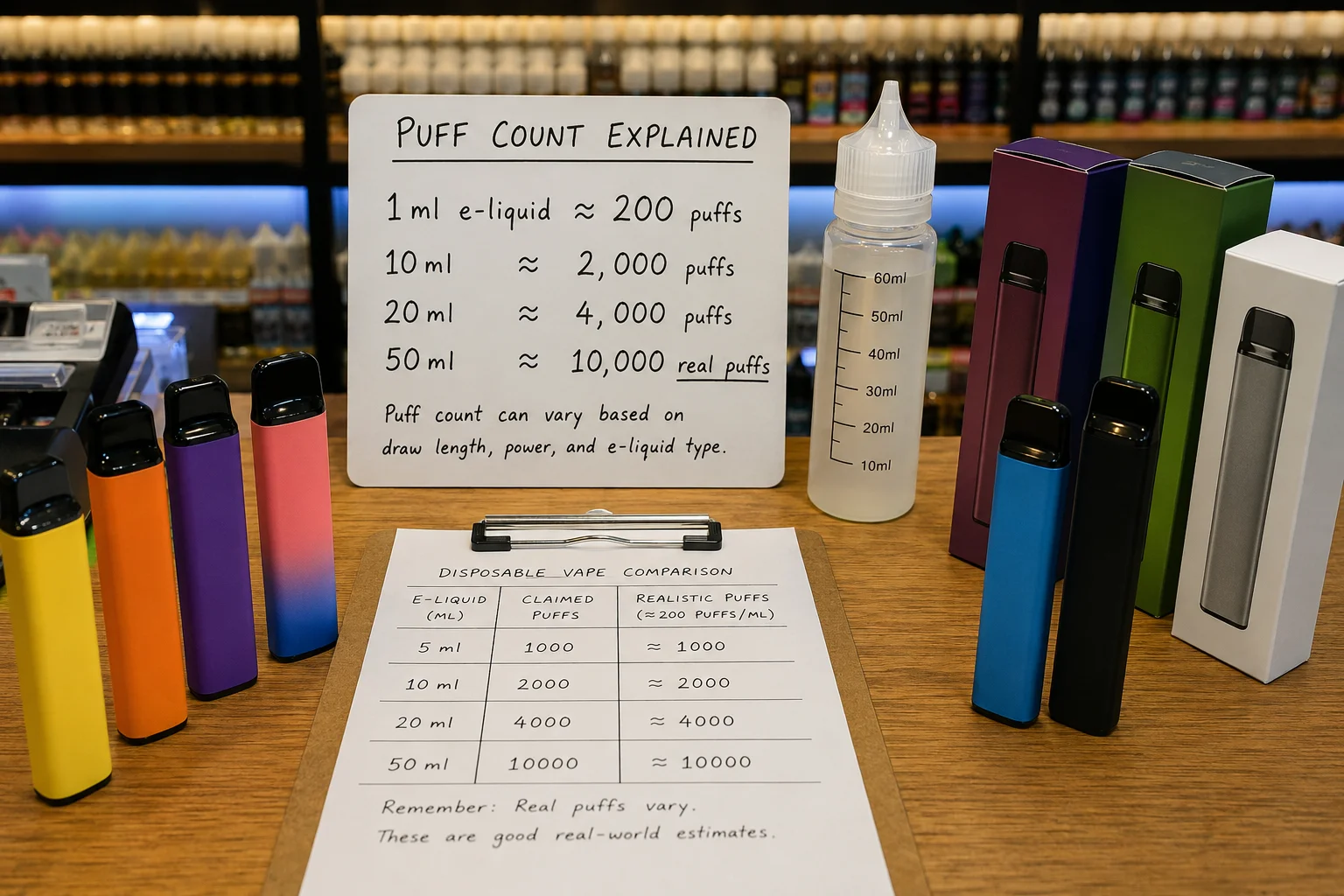 An infographic showing the calculation: 1ml of e-liquid equals approximately 200 puffs