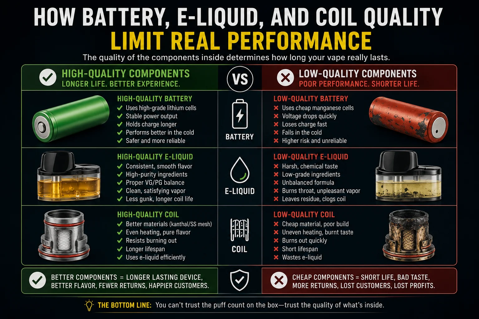A diagram showing the difference between high-quality and low-quality vape components