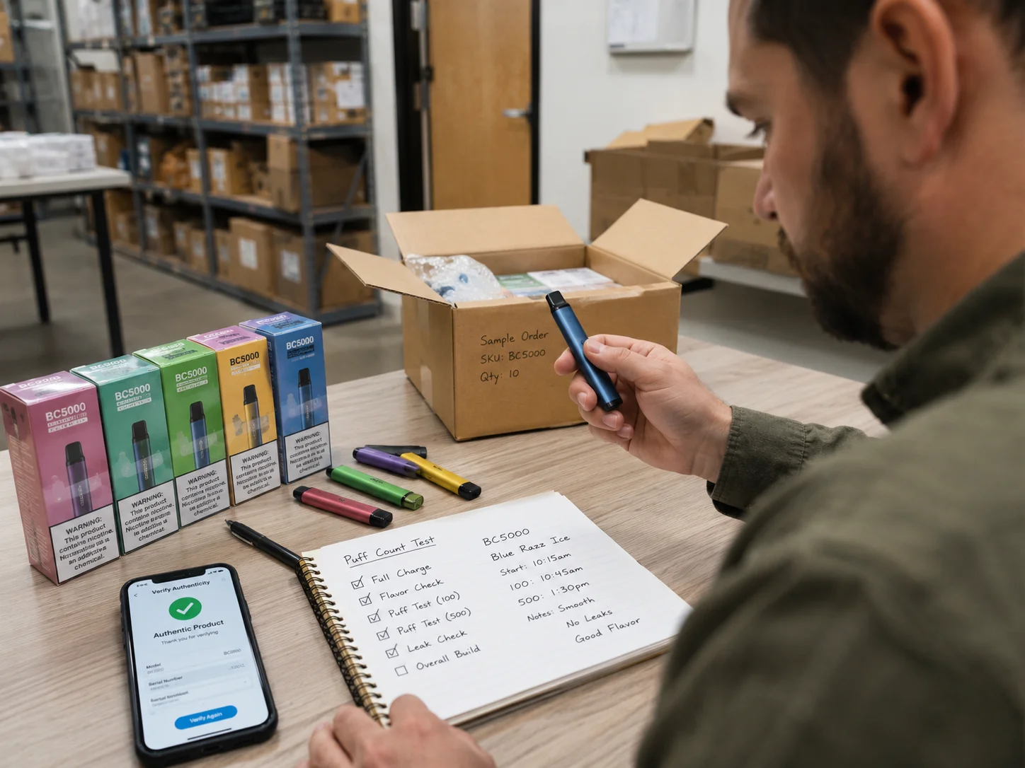 A person carefully inspecting and testing a sample vape product