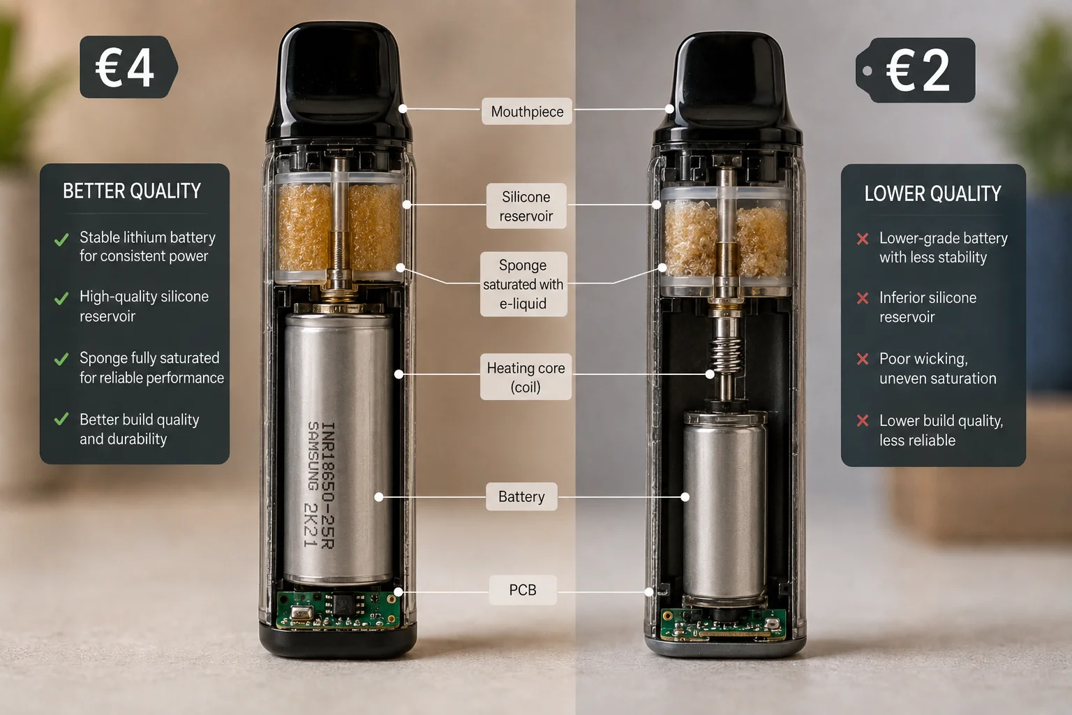 Two vape devices dissected for component comparison, showcasing differences in quality of battery, silicone reservoir, sponge, and build. One labeled 'Better Quality' (€4) with green checkmarks and the other 'Lower Quality' (€2) with red crosses.