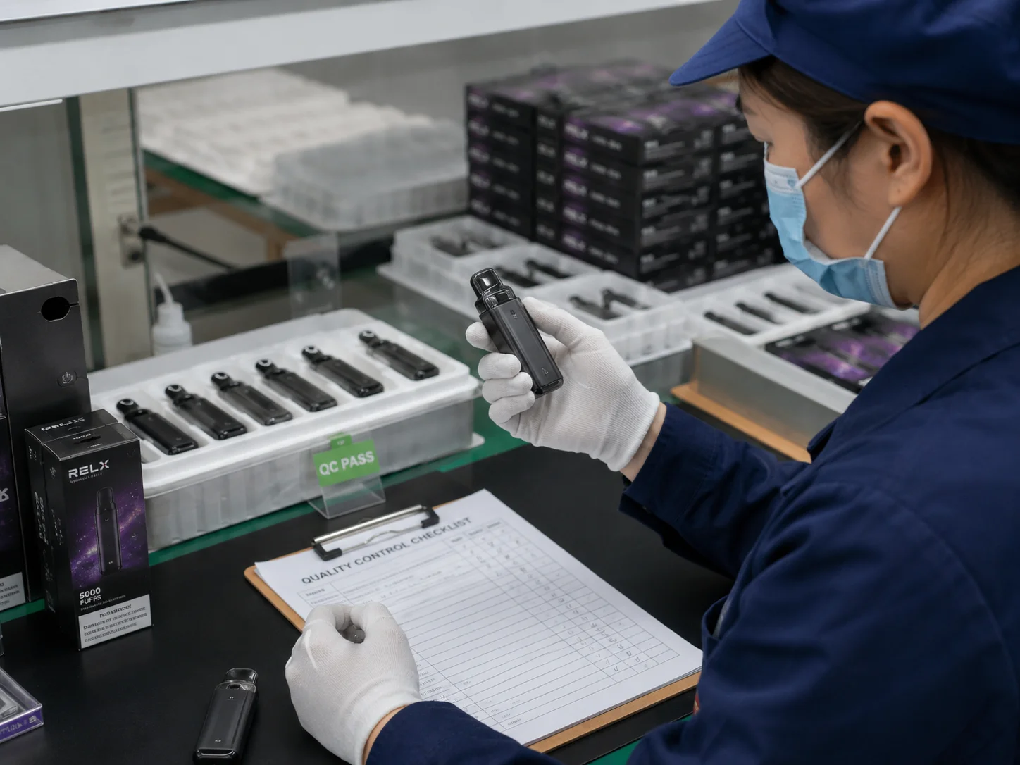 A quality control inspector checking a vape with a checklist