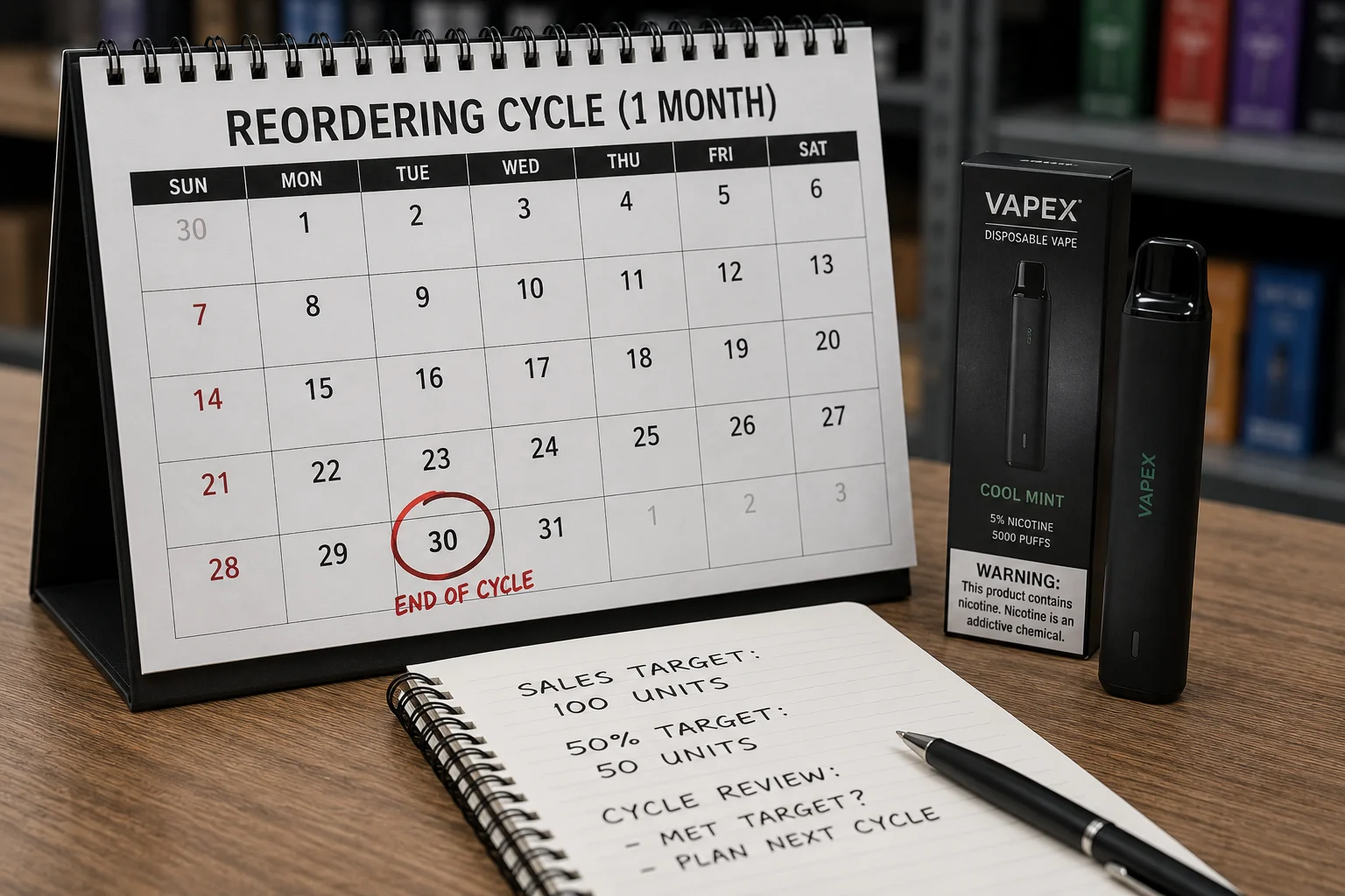 A calendar with a circle around a date, next to a vape pen