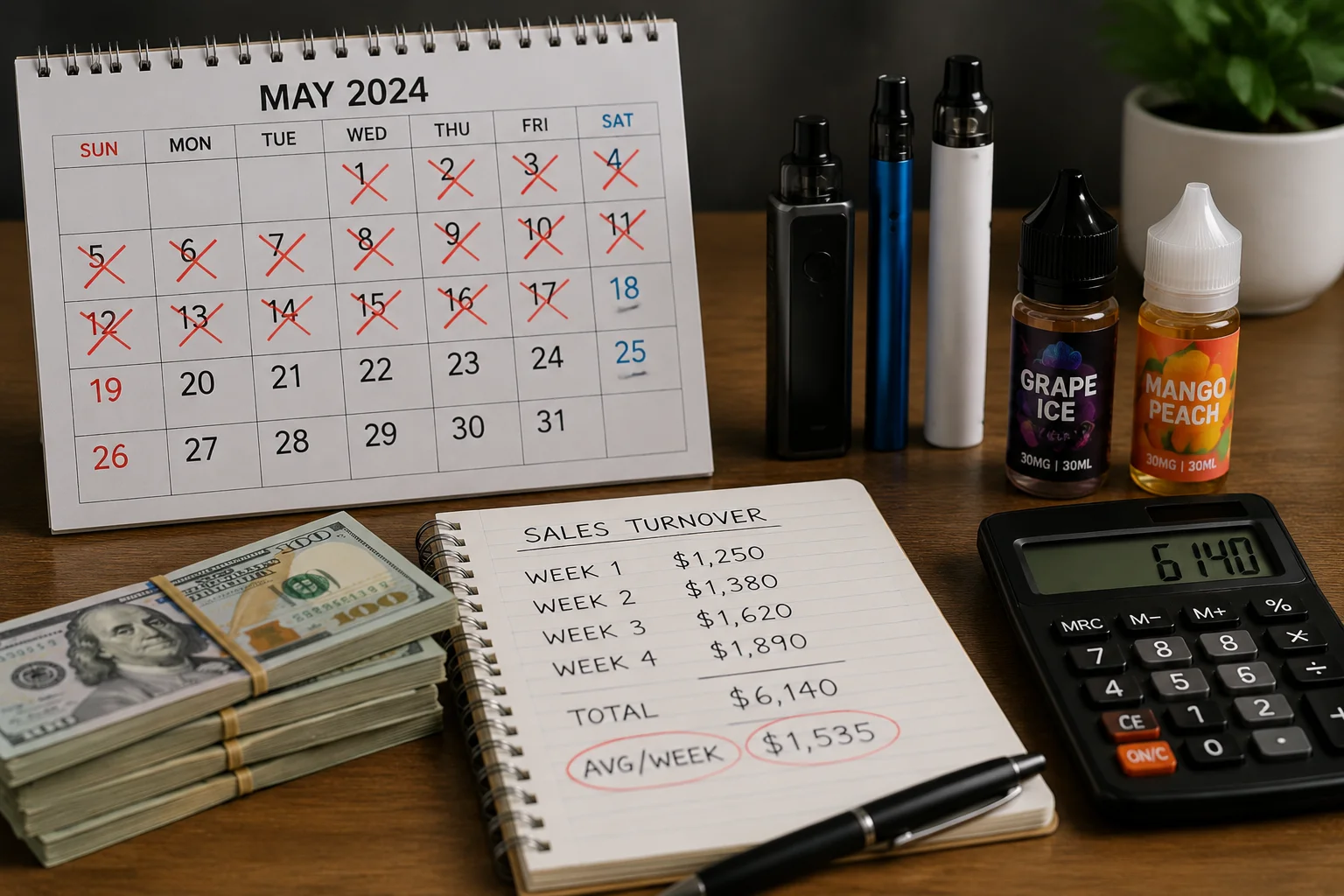 Calculating Vape Sales Turnover a calendar with days crossed off next to a pile of money and vape products