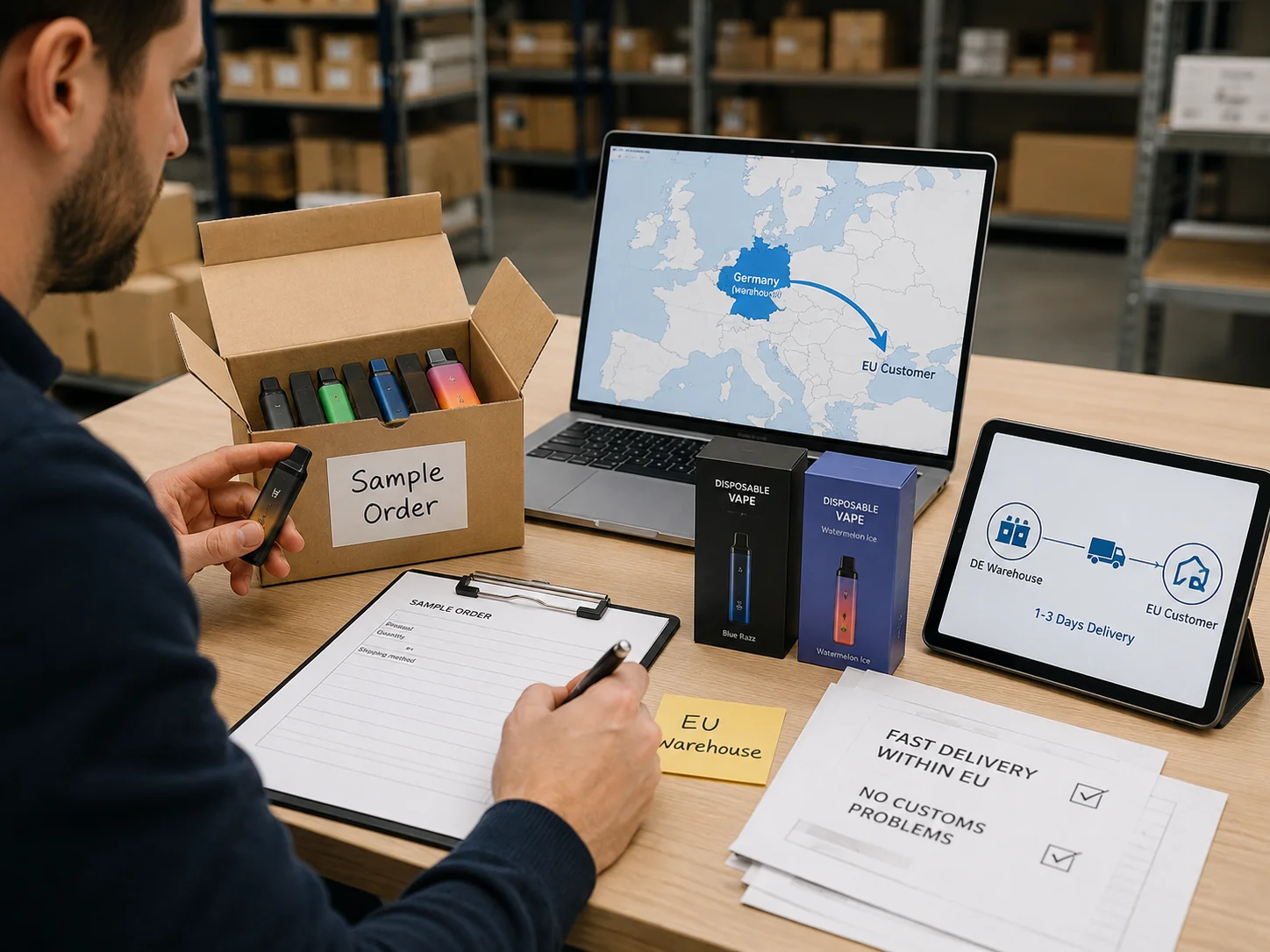 A map showing a fast shipment from a warehouse in Germany to a customer in the EU