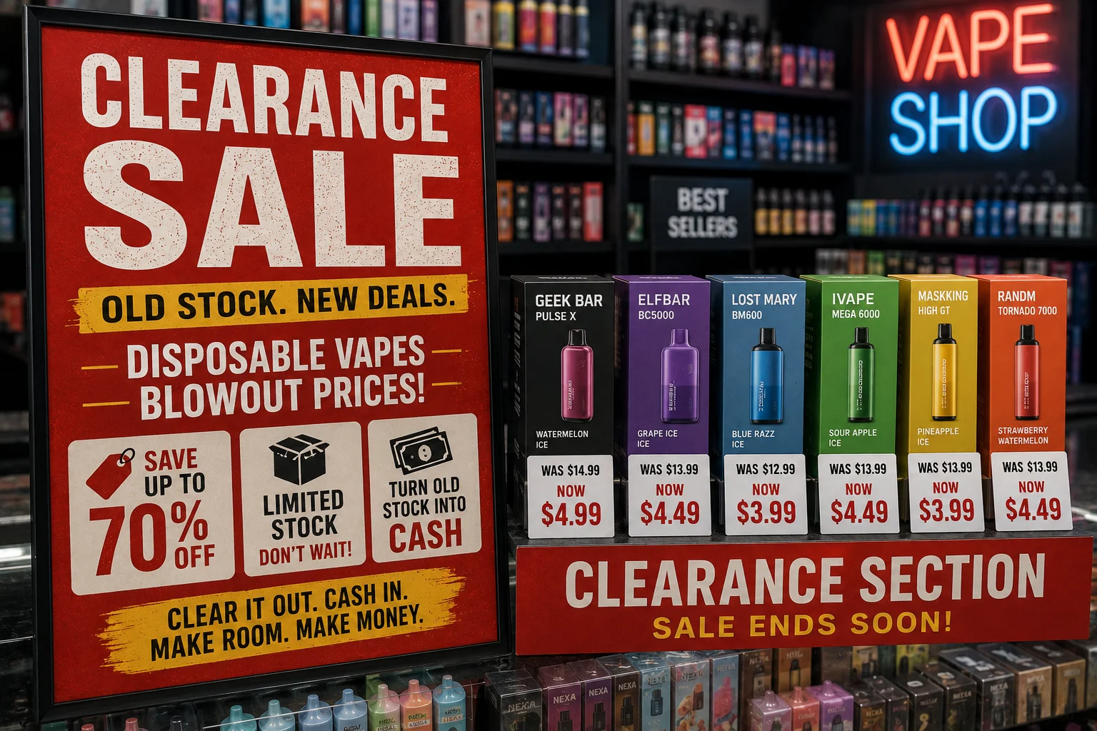 A red clearance sale sign in a store