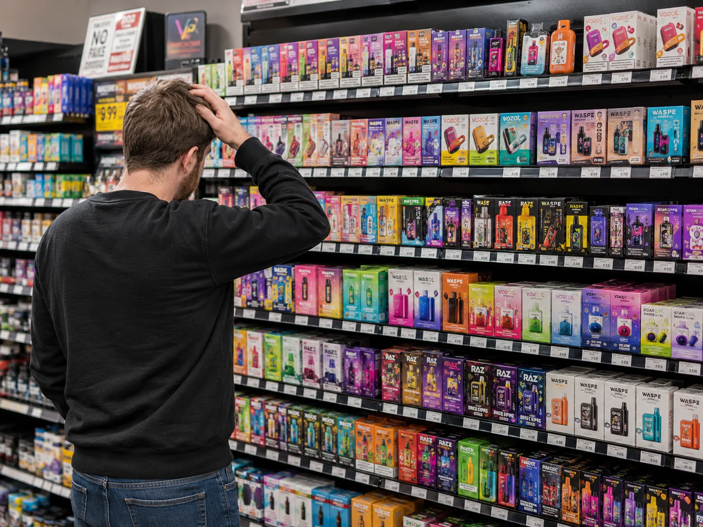 A confused customer looking at a wall of different vape products