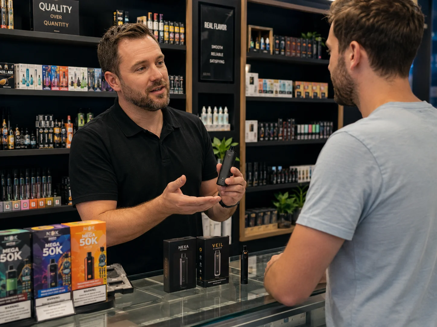 A shop owner confidently recommending a quality vape to a customer