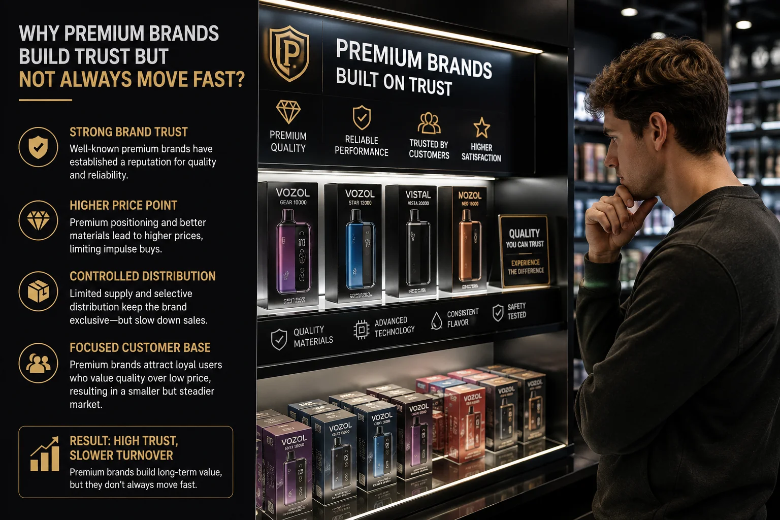 Customer looking thoughtfully at a premium vape display