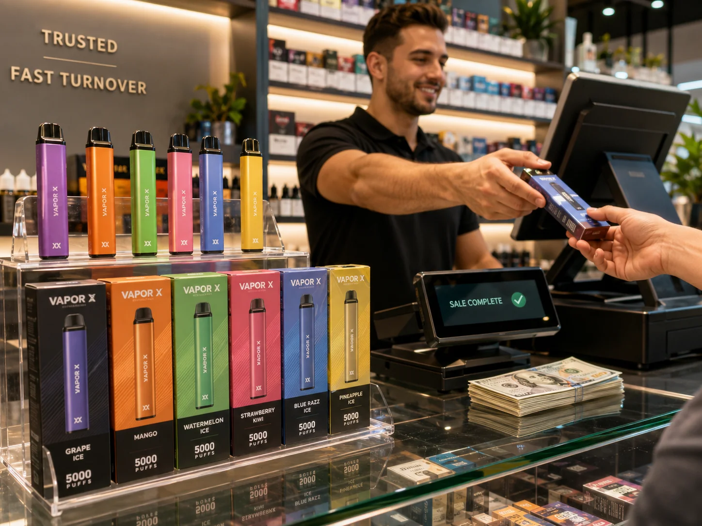 A cash register with money flowing, symbolizing fast turnover