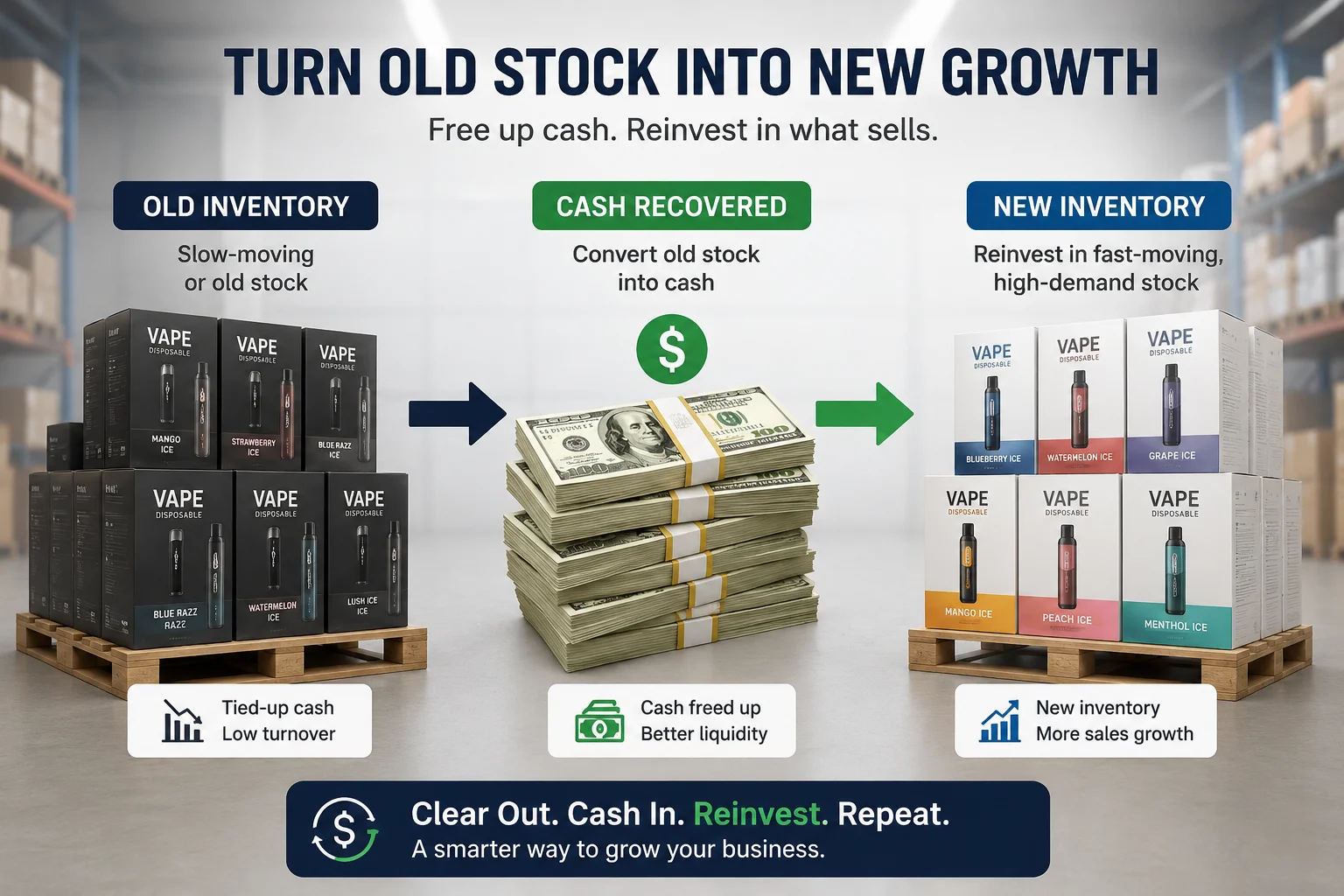 A flow chart showing cash moving from old inventory to new inventory