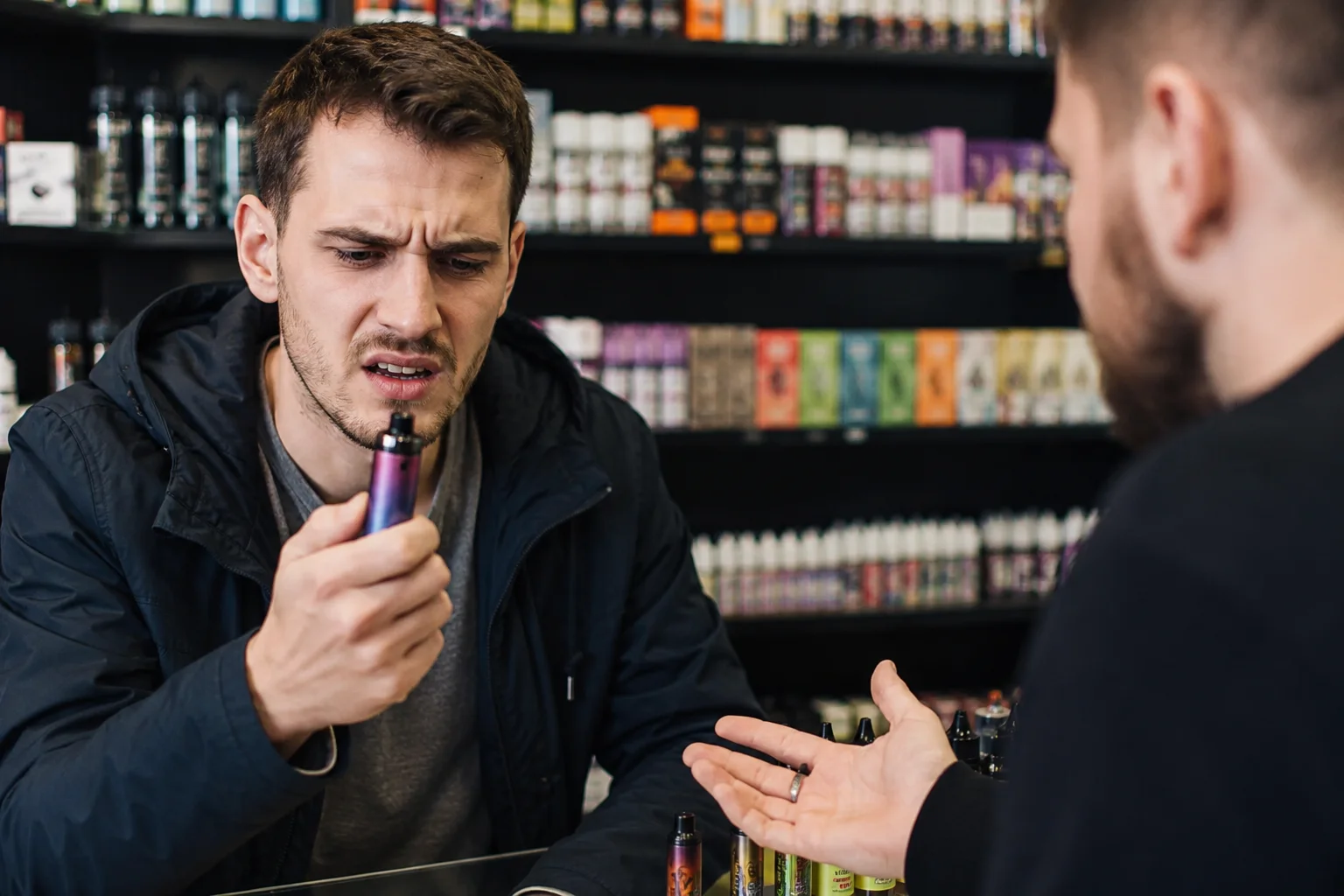 A customer angrily holding a malfunctioning vape.
