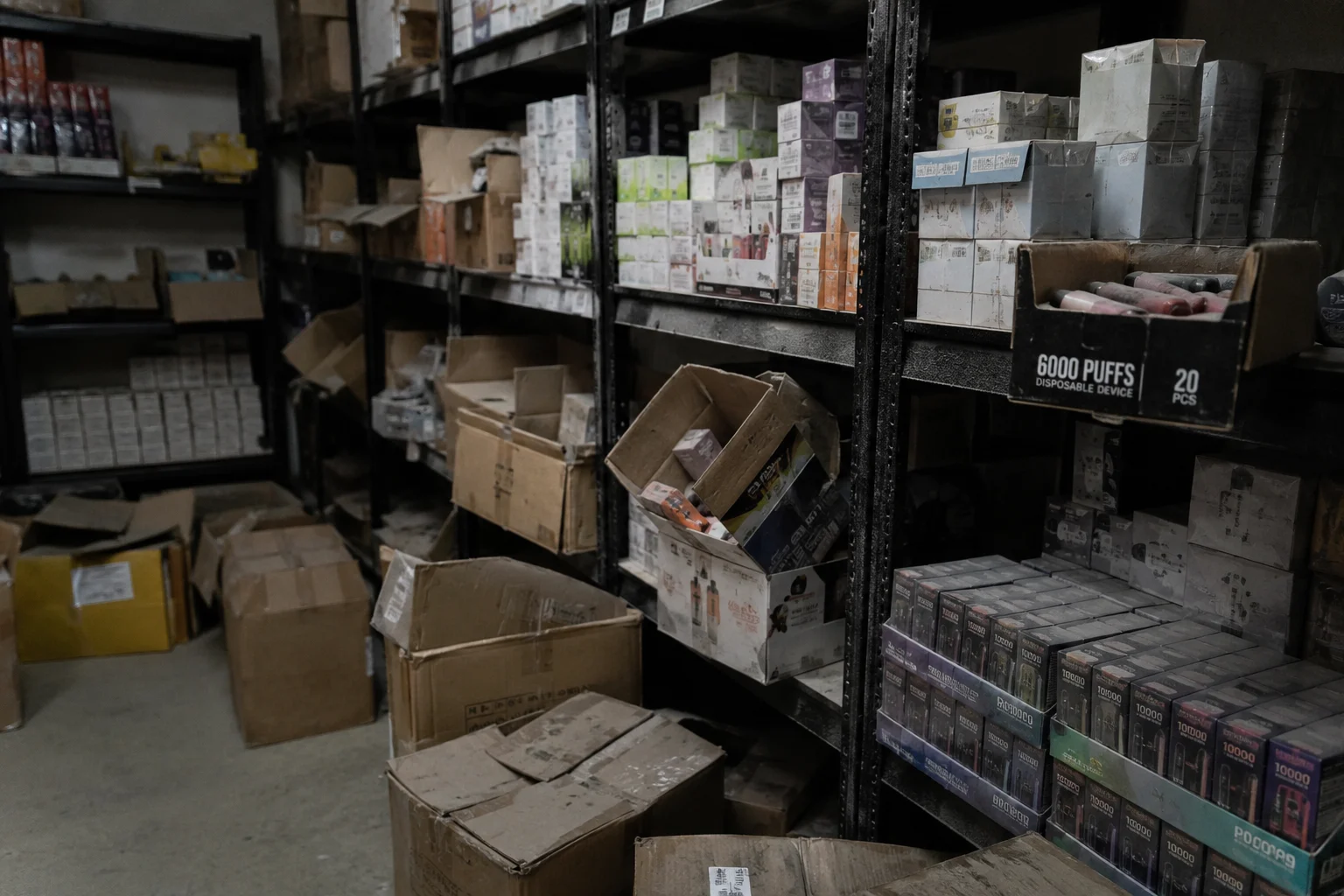 Boxes of unsold vape products gathering dust in a warehouse