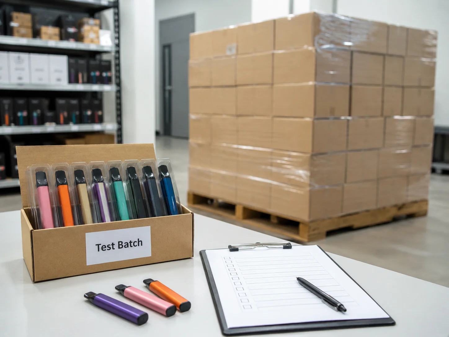 A small box of vapes labeled "Test Batch" next to a large pallet