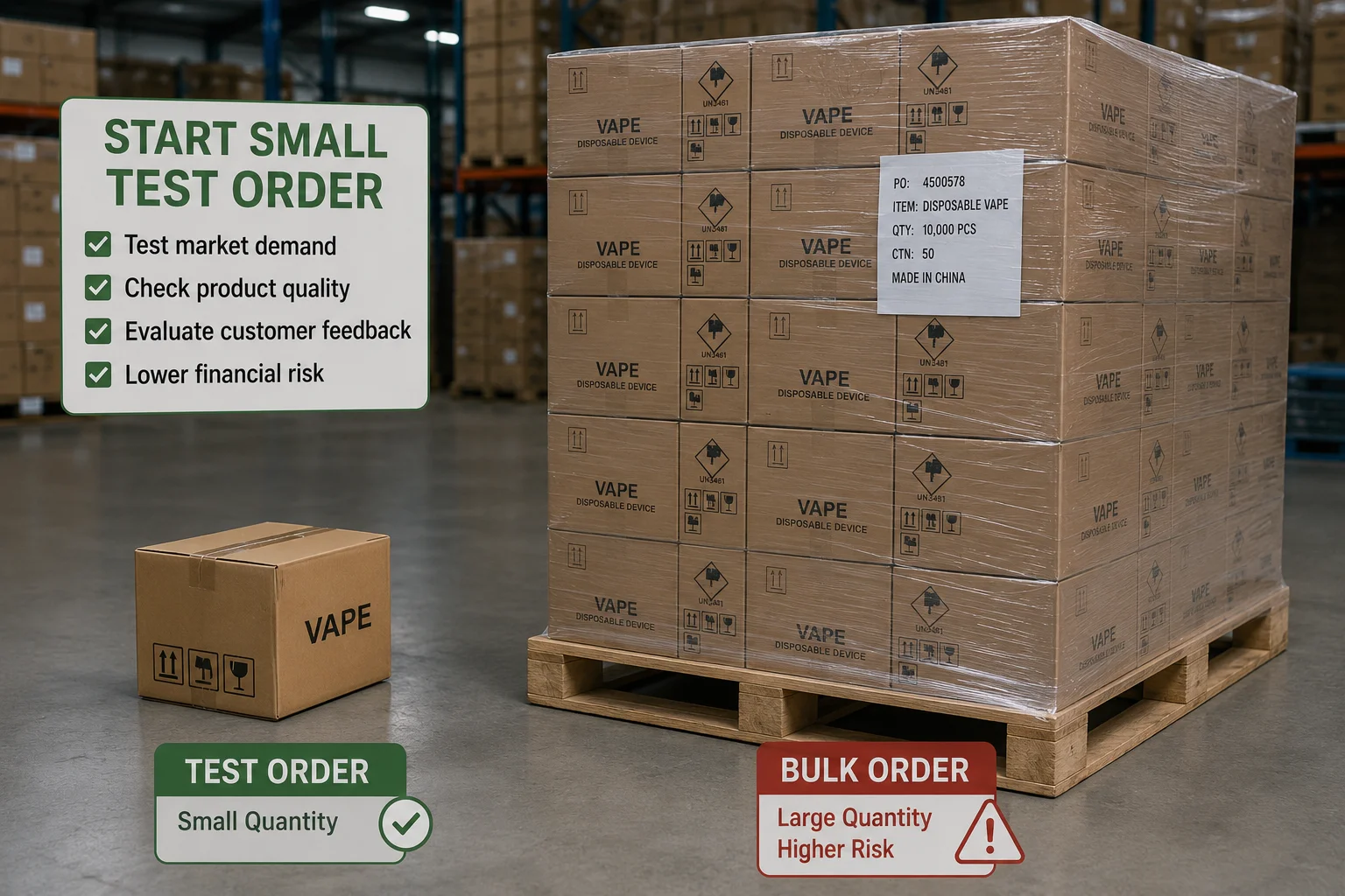 A small box representing a test order next to a large pallet of bulk inventory