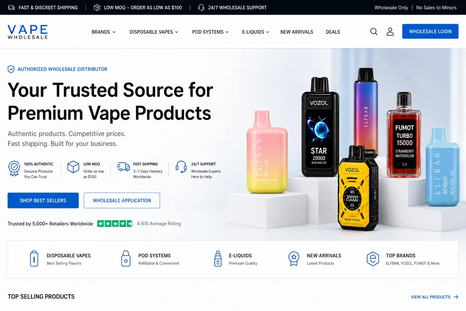 Website interface showcasing premium wholesale vape products like Elf Bar and Vozol with high-rating reviews and features like fast shipping and low MOQ.