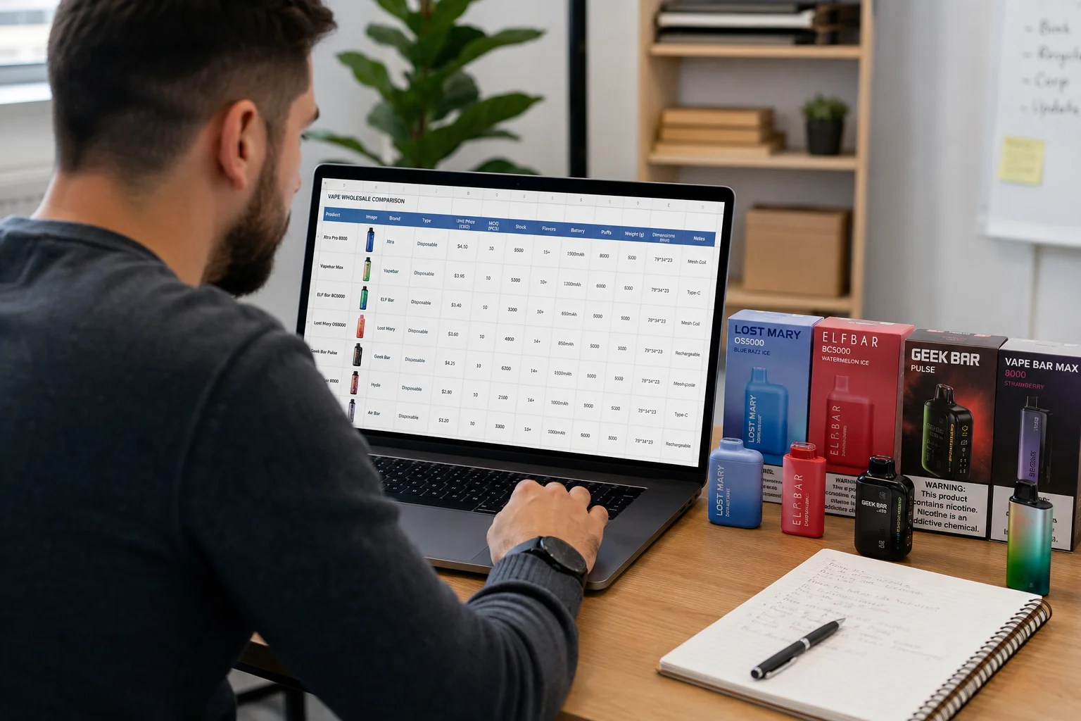 A person looking at a spreadsheet comparing different vape products