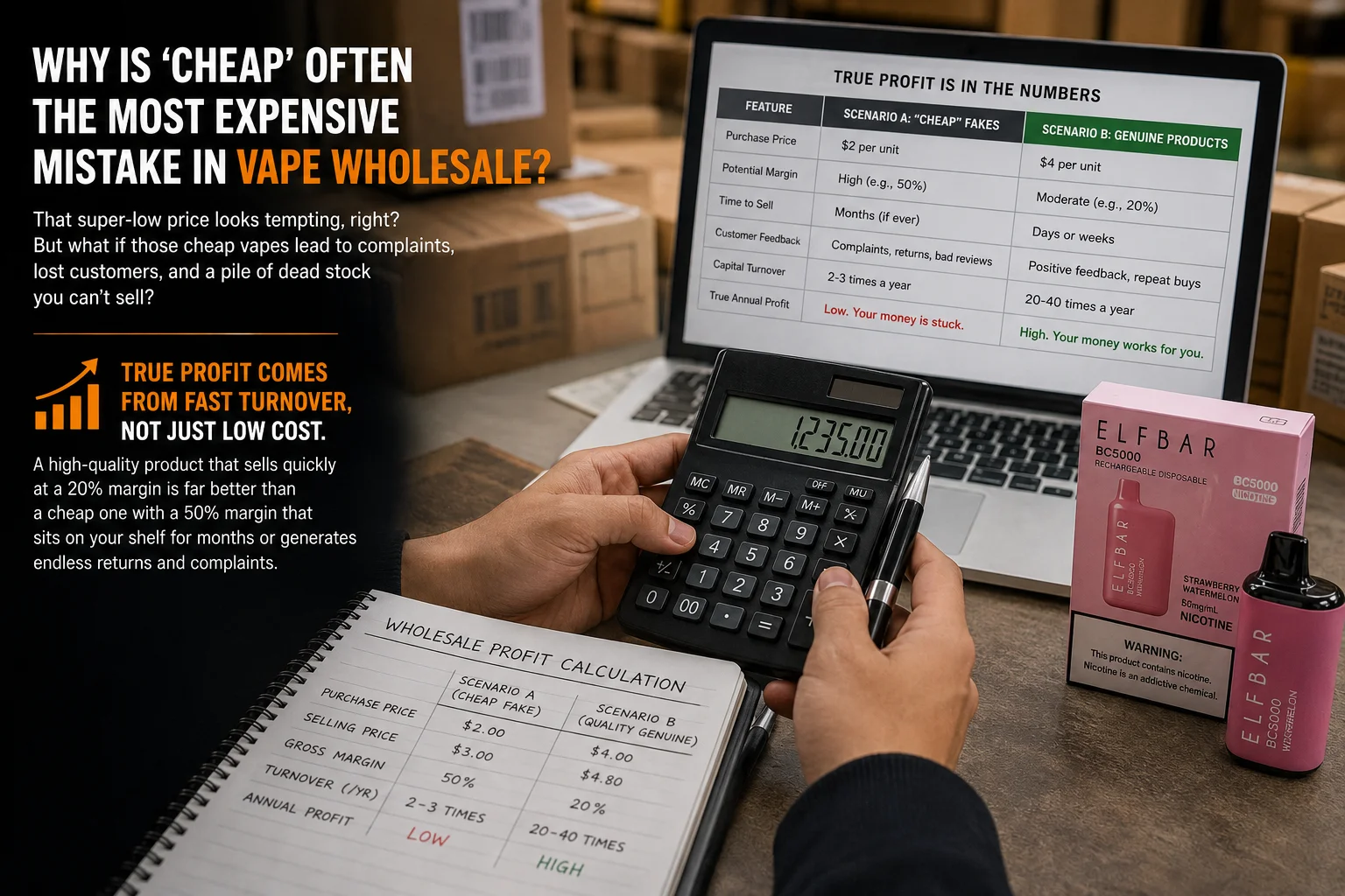 A person holding a calculator and pen, analyzing vape wholesale profit calculations with a laptop displaying profit scenarios and ELF BAR product packaging nearby.