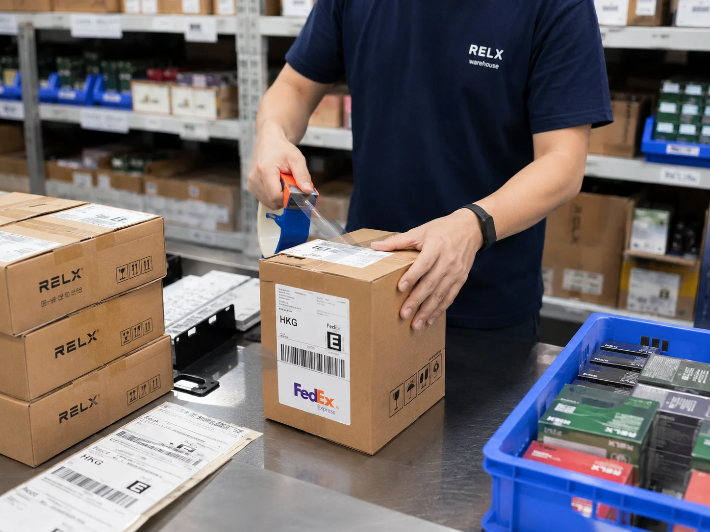 A shipping box with a vape logo being packed in a warehouse