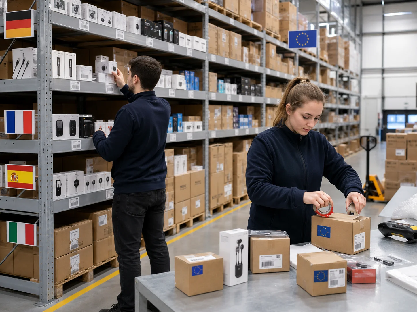Warehouse with workers sorting and packing products on shelves labeled with EU and country flags. Organized product logistics environment.