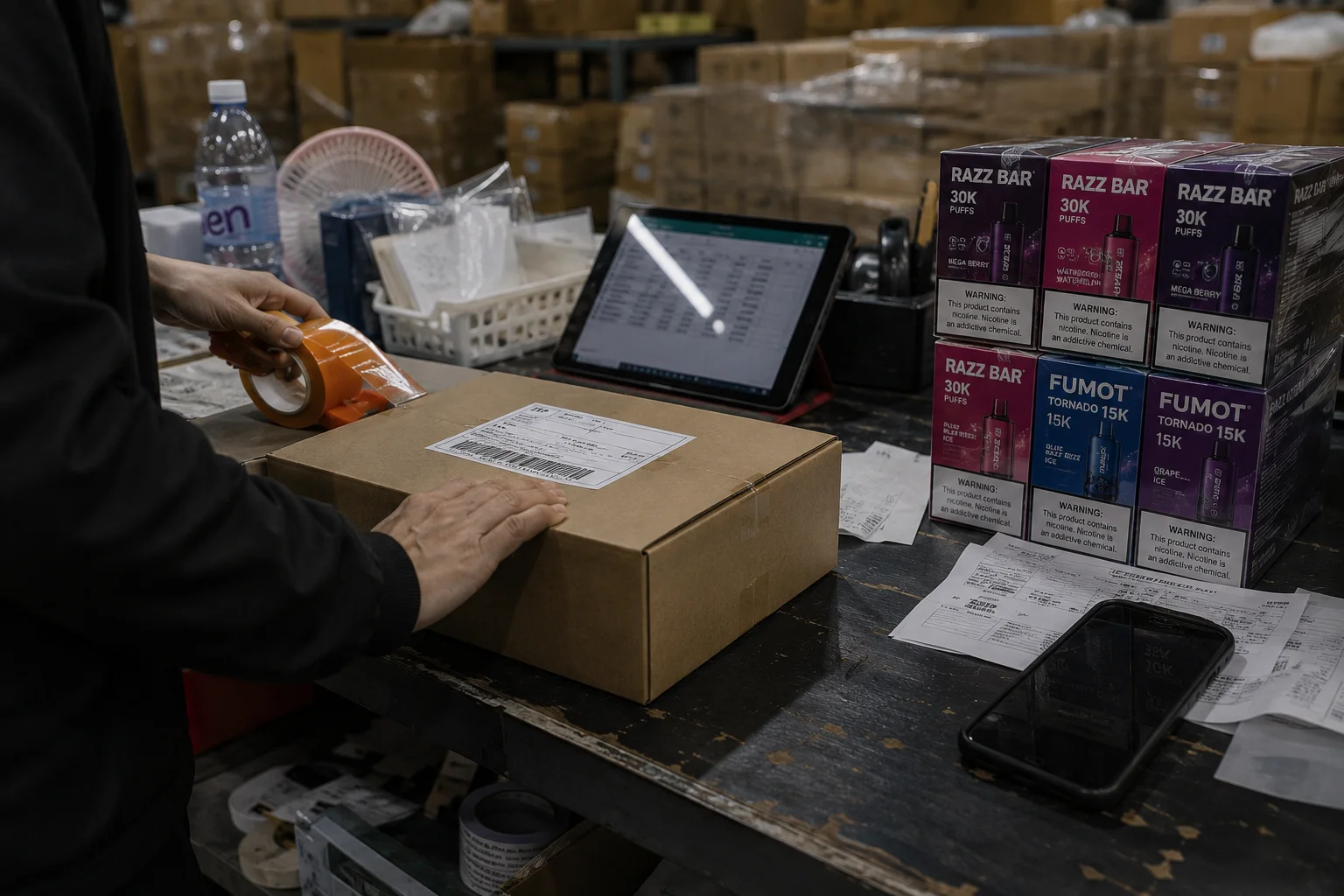 A small shipping box with a vape logo being prepared for dispatch from a warehouse.
