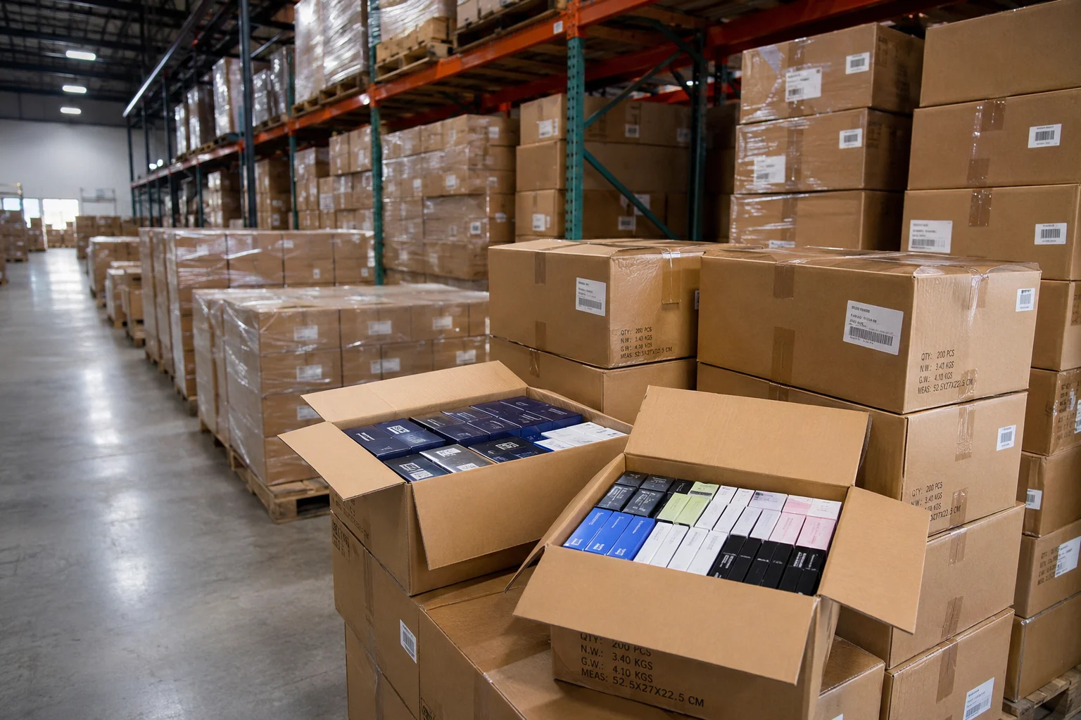 A warehouse aisle with boxes of vape products ready for shipping