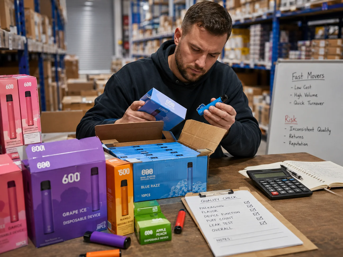 Wholesaler inspecting a box of budget vapes
