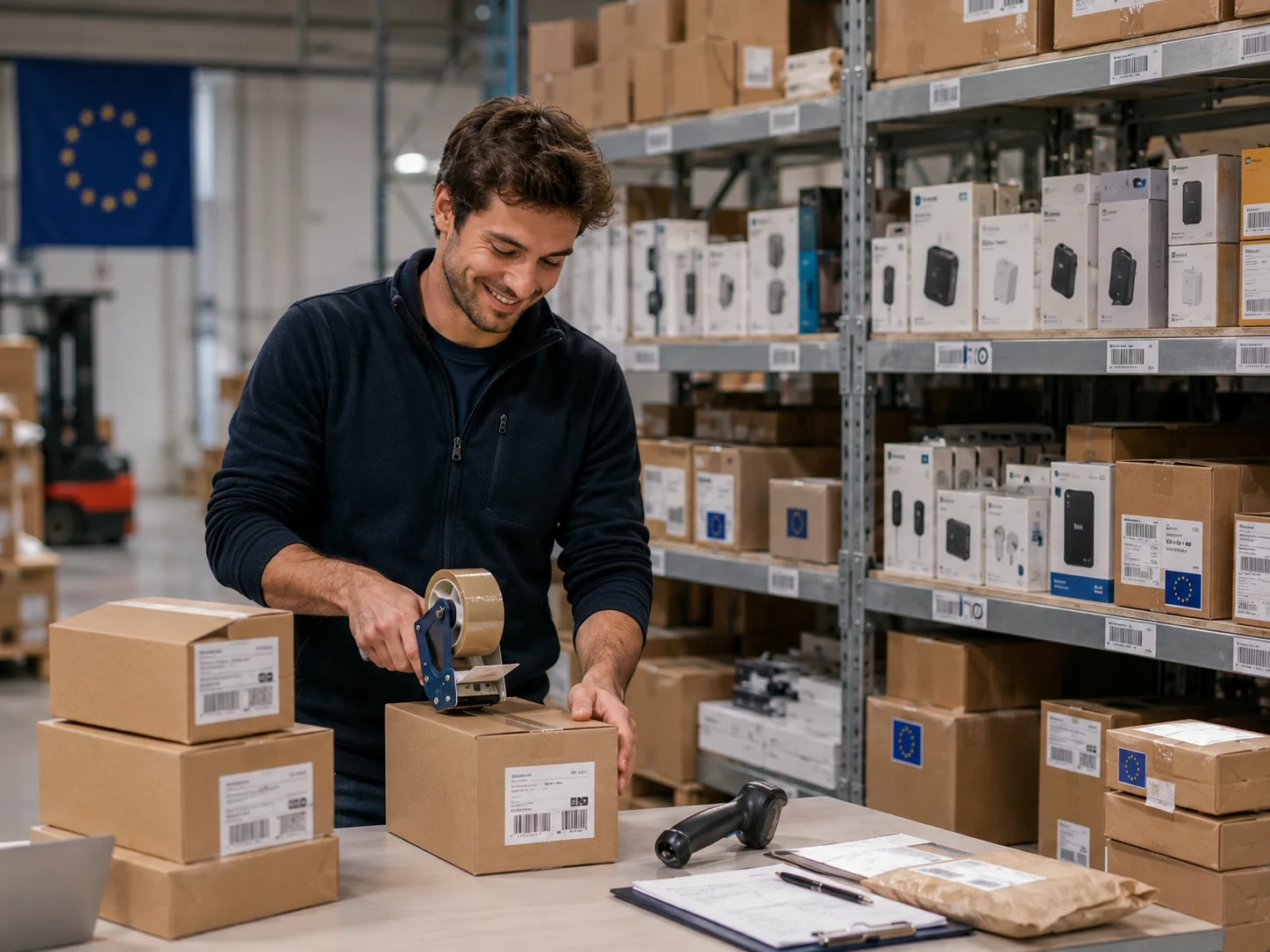 Small Buyer Enjoying Fast Restocking A small business owner smiling while packing a few boxes