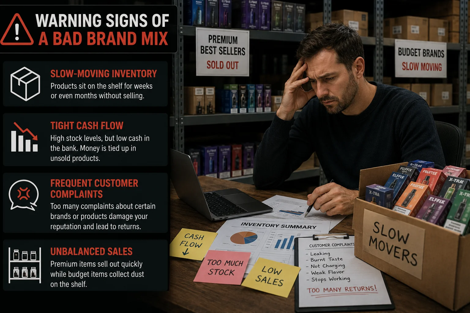 A frustrated business owner looking at unsold stock