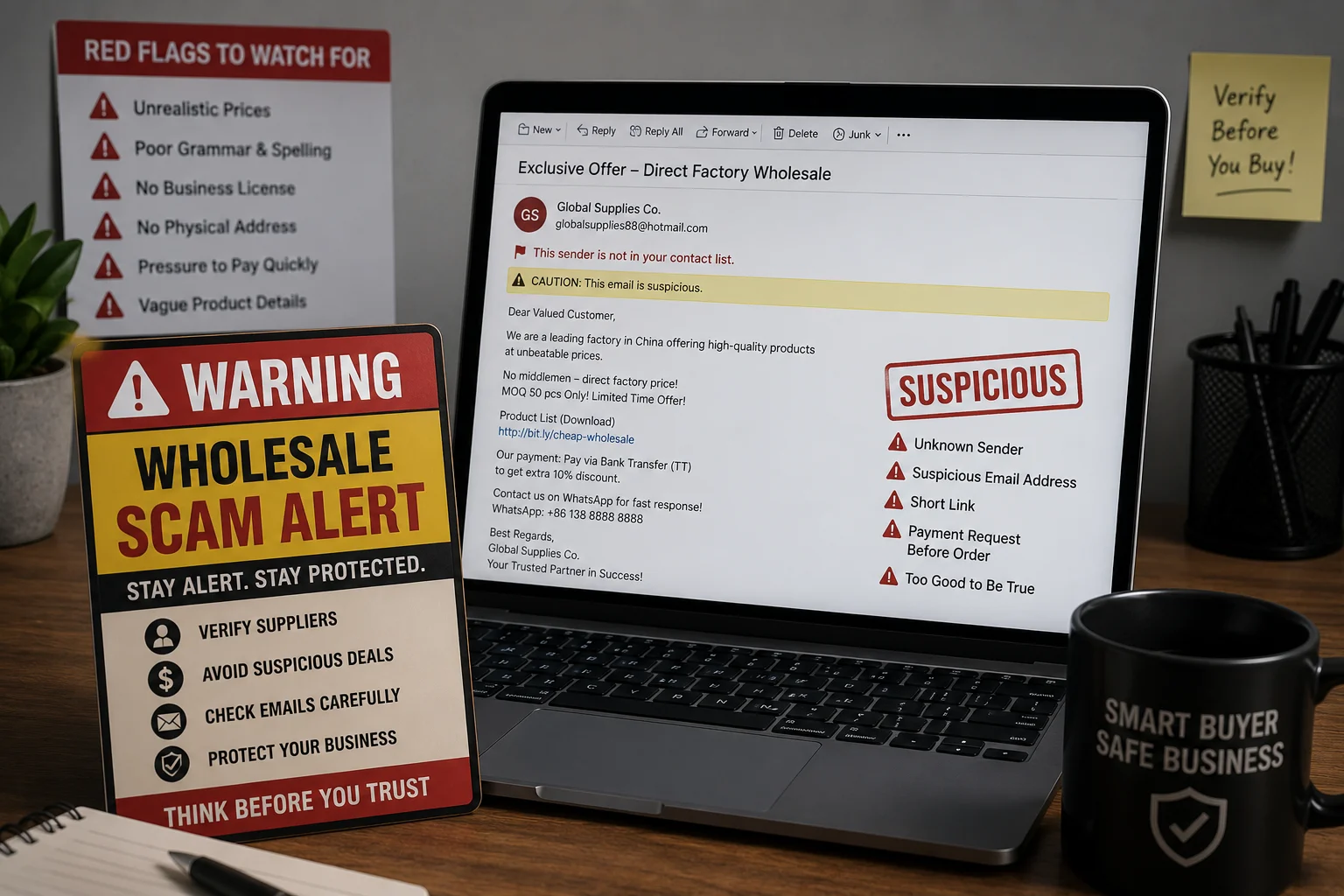 A warning sign in front of a computer showing a suspicious supplier email