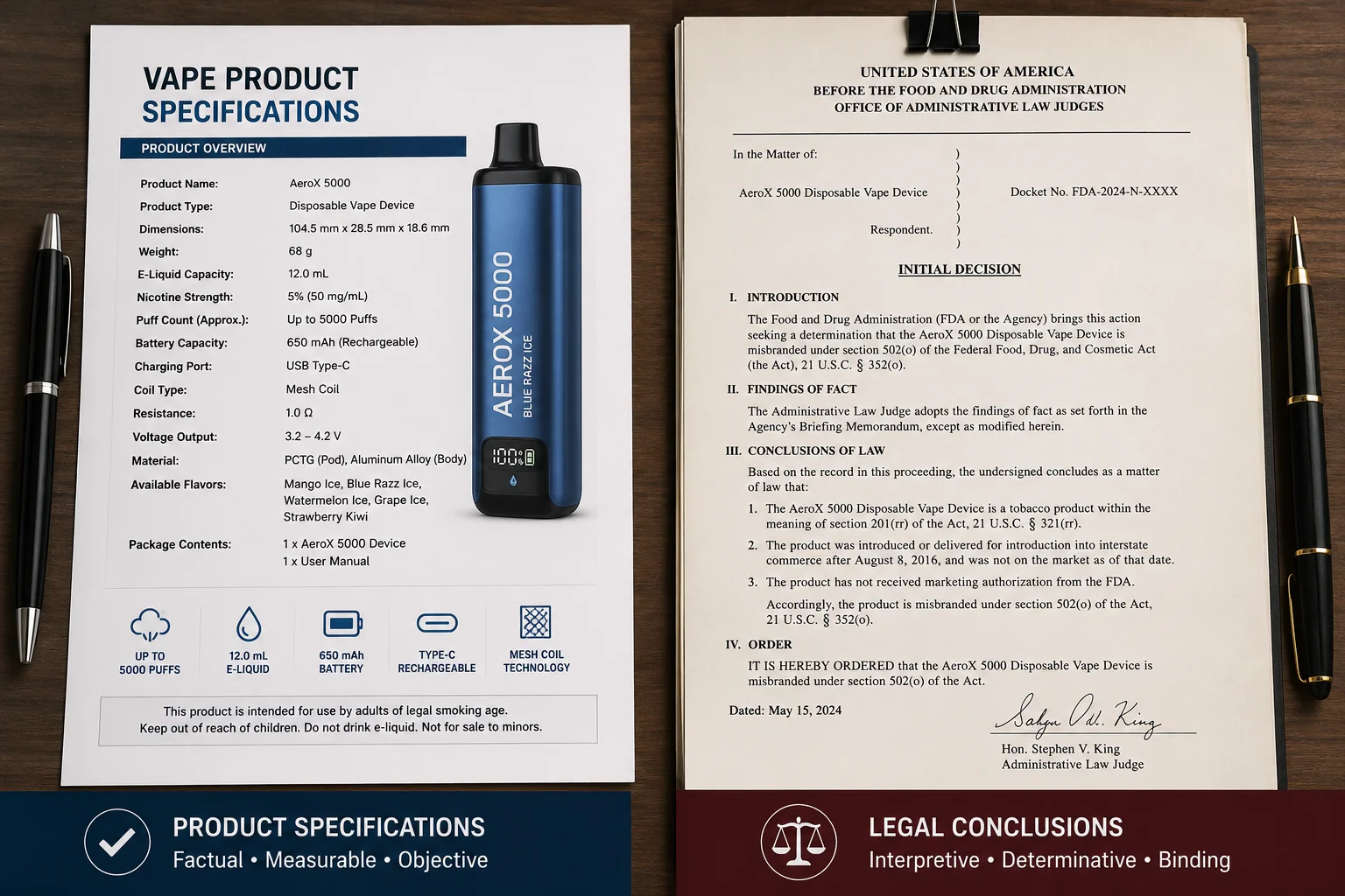 A side-by-side comparison showing a list of product specs versus a legal document