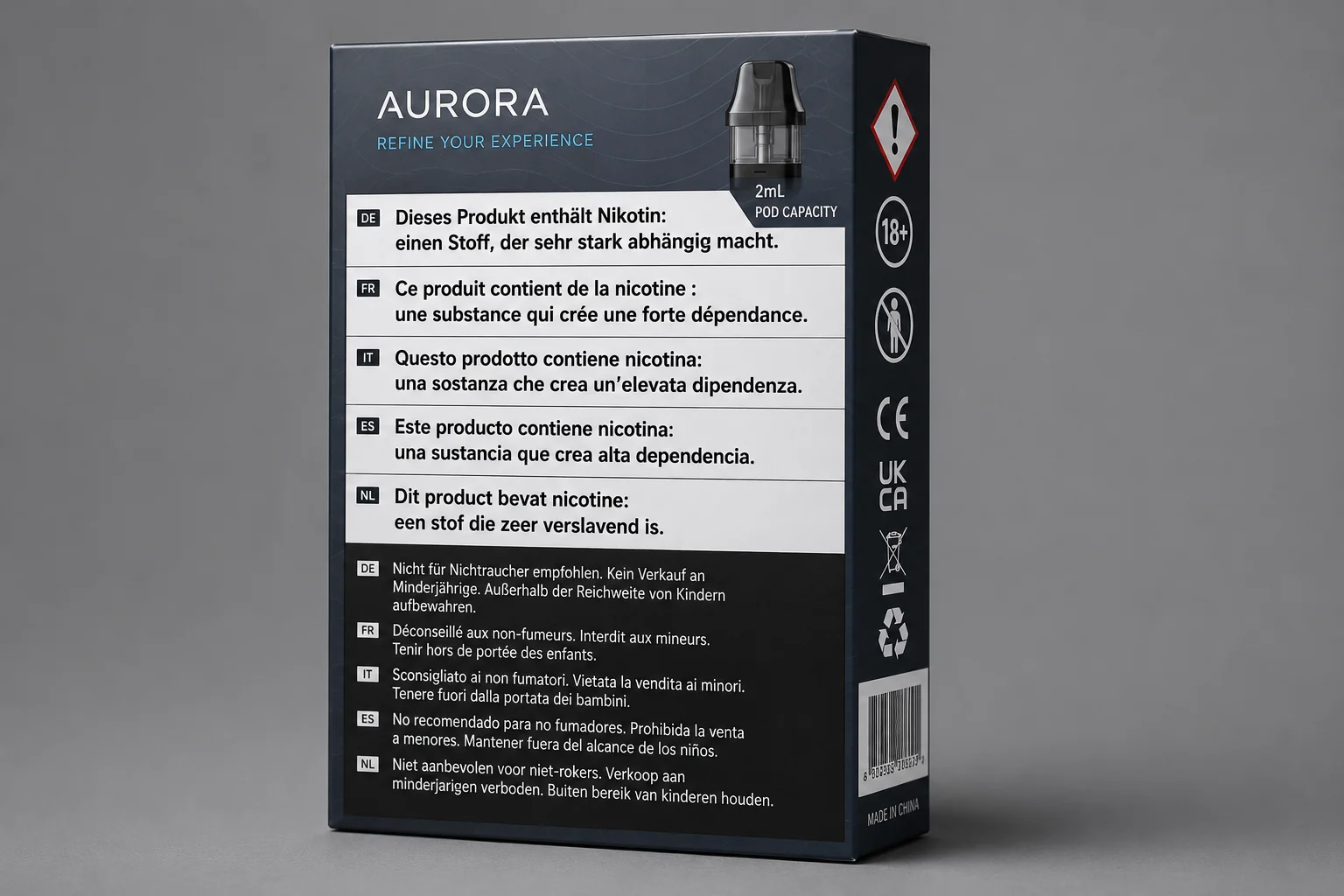 Vape packaging with different European language warnings