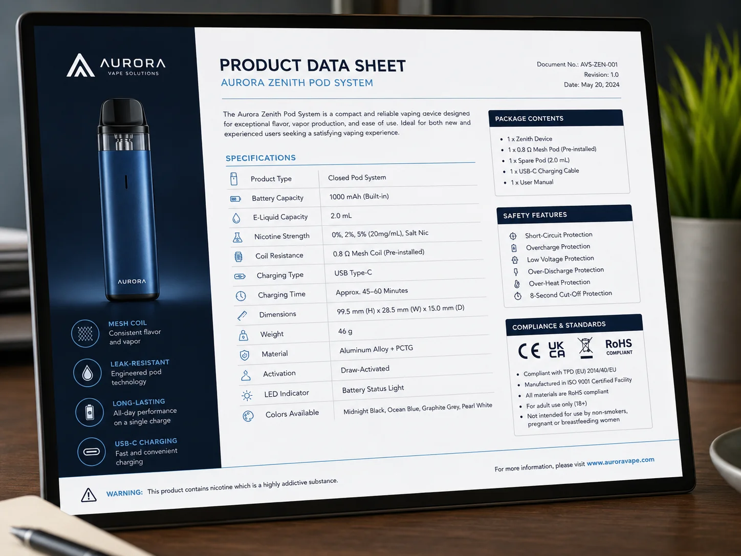 A clear and compliant vape product data sheet