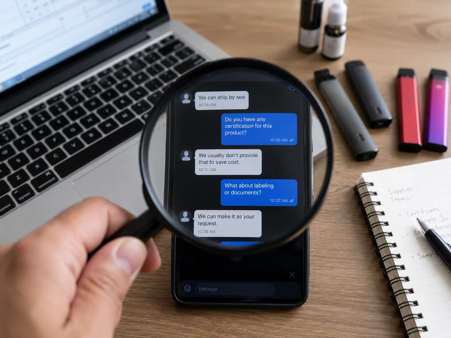 Analyzing supplier communication for risks magnifying glass over a chat conversation