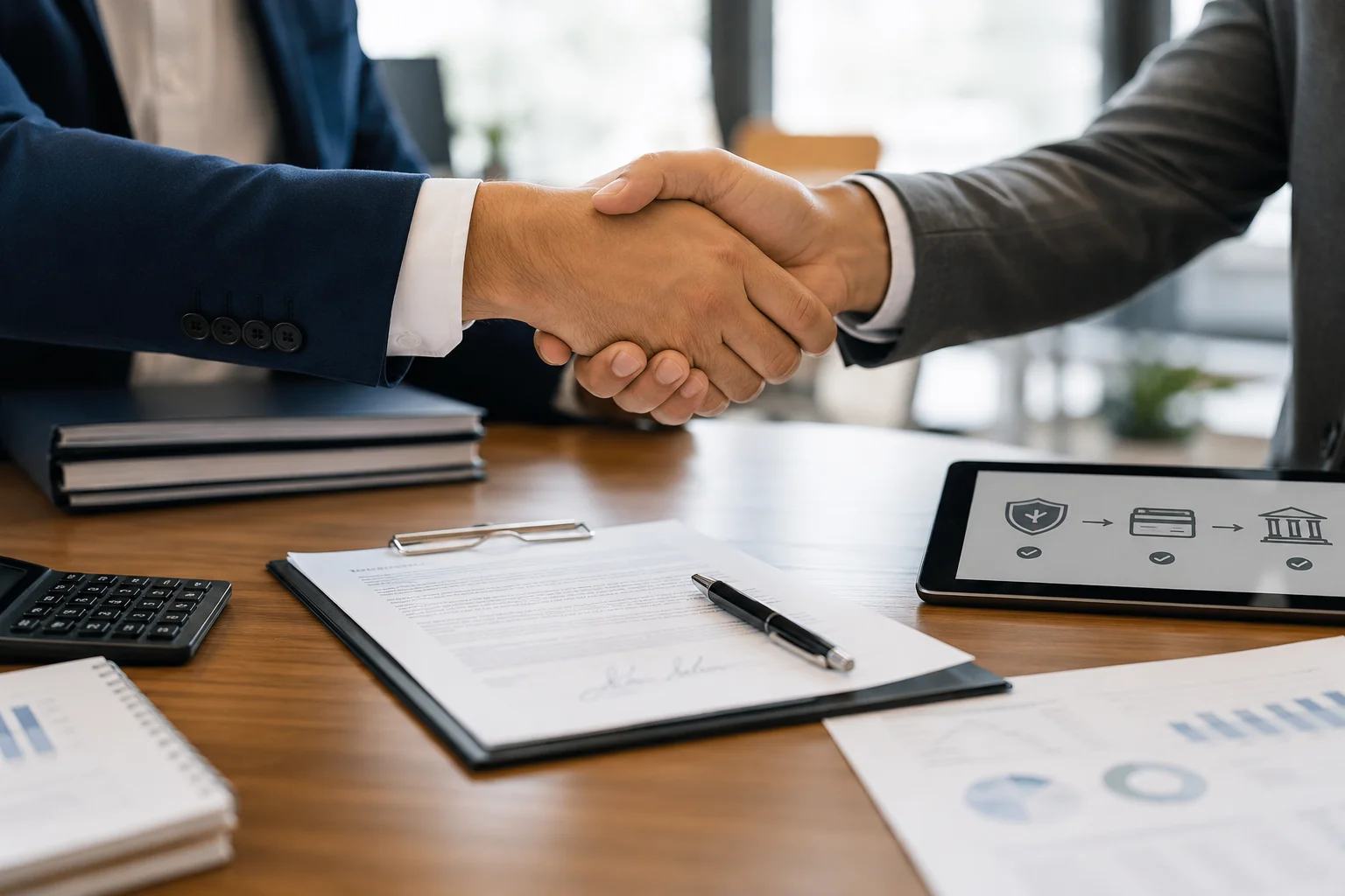 A handshake over a signed contract with payment icons