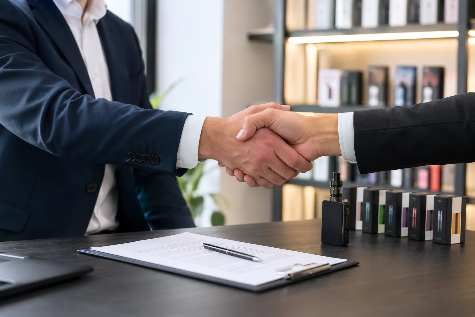 Two business professionals shaking hands over a contract with vape products displayed nearby, signifying a deal or agreement.