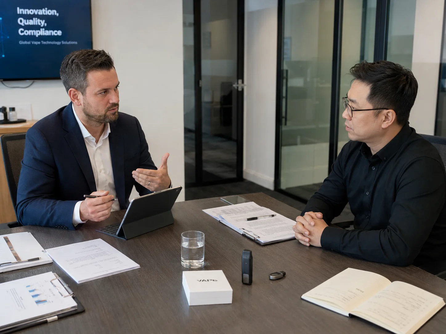 Asking the Right Questions to Vape Suppliers A business person in a meeting asking direct questions to a supplier