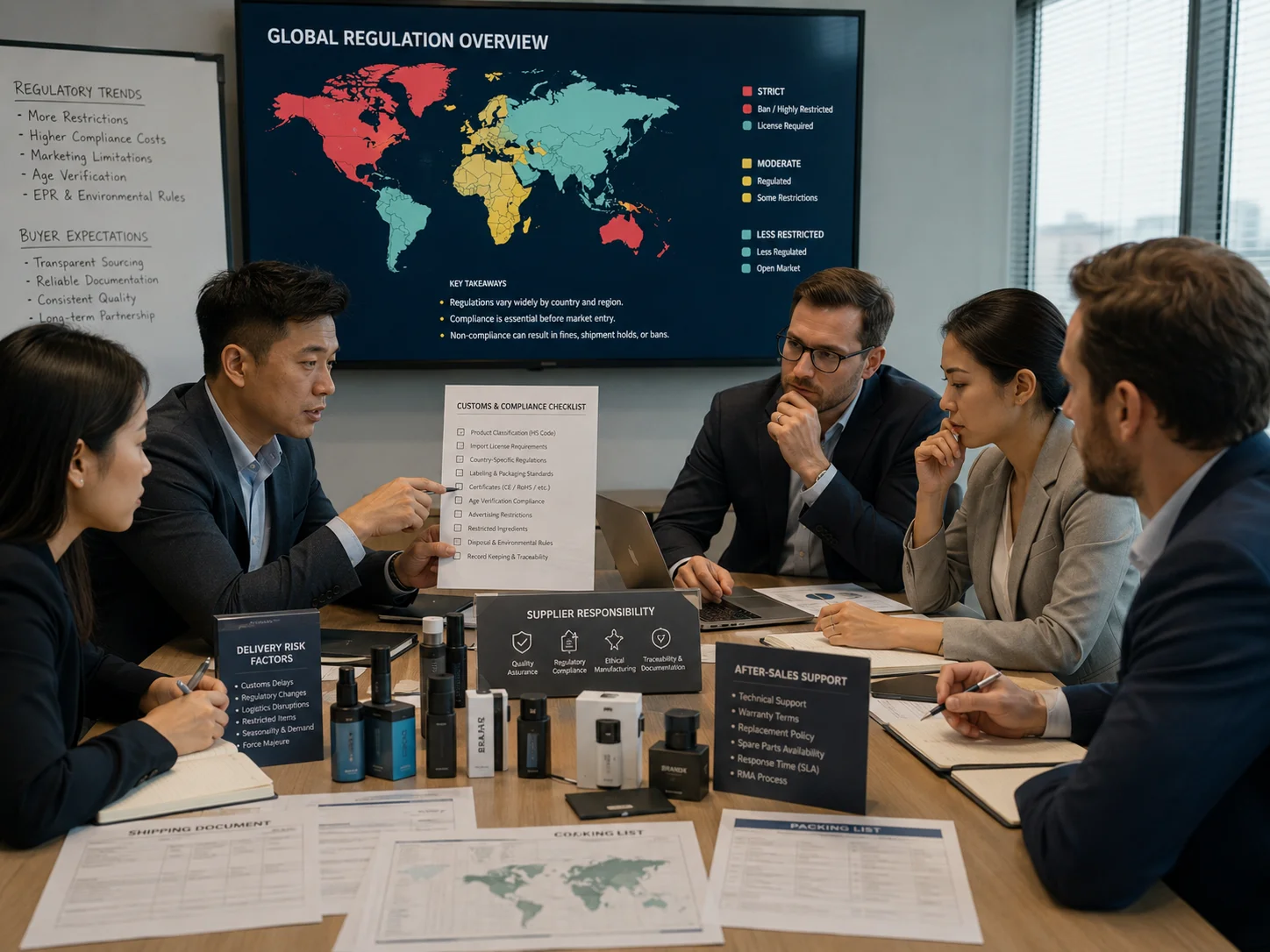 Group of professionals in a meeting room discussing global regulation overview, compliance checklist, and shipping details with materials on the table.