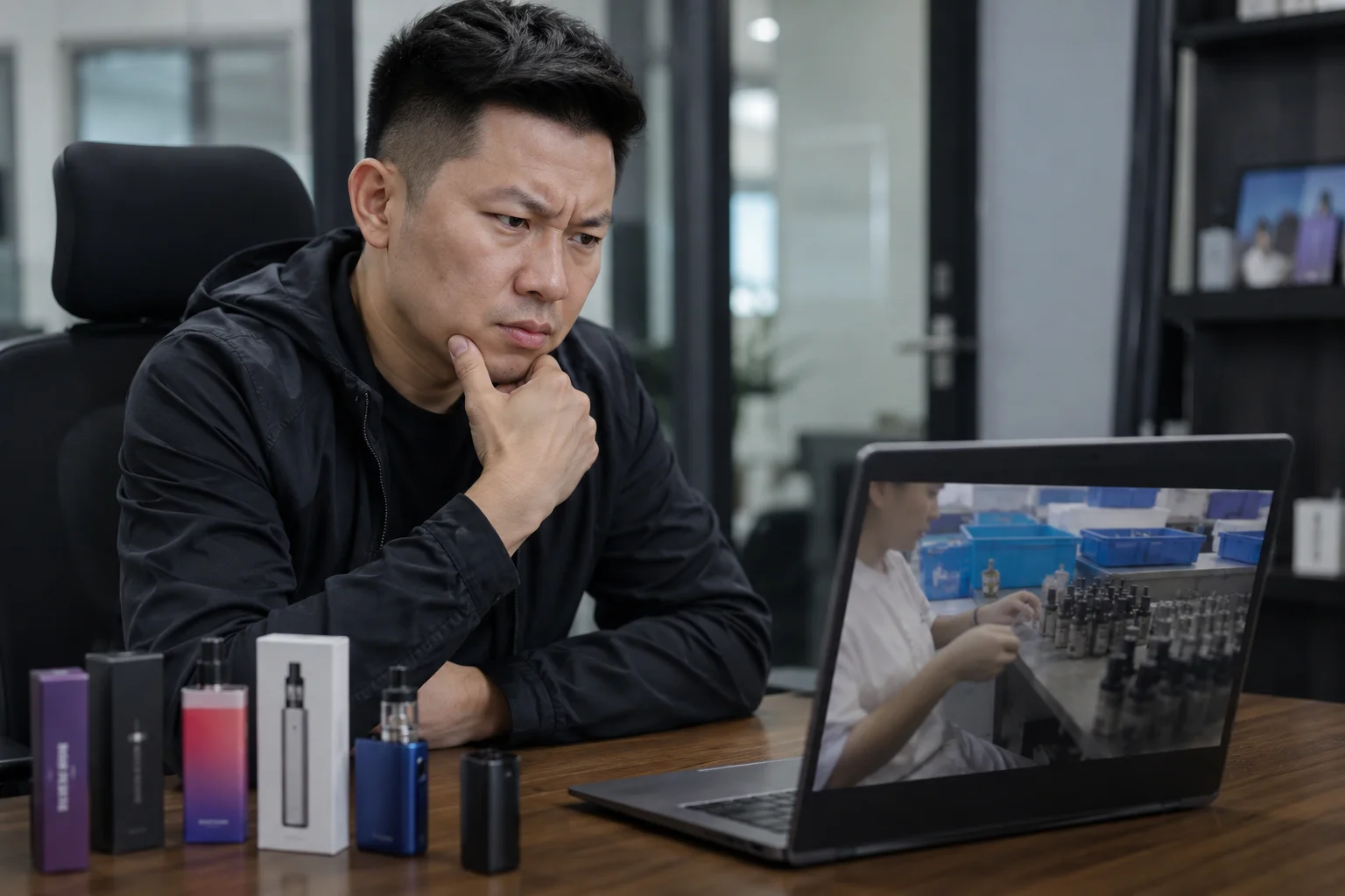 A person looking suspiciously at a supplier's video on a laptop
